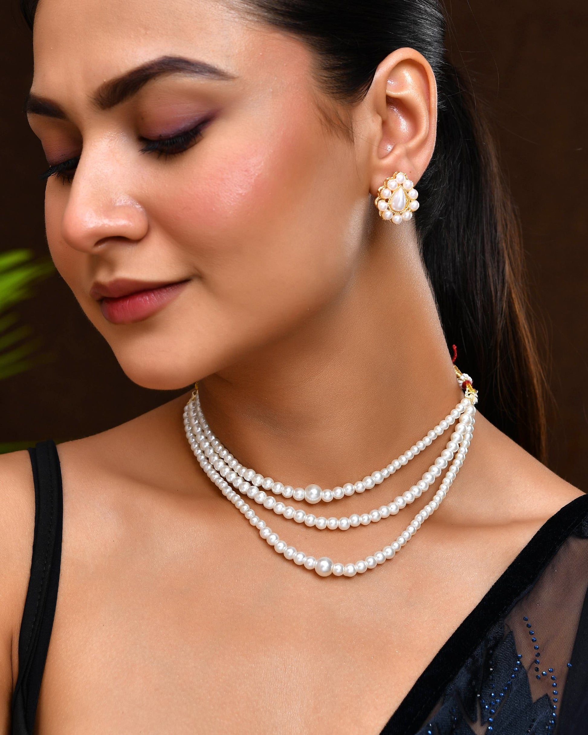 VOJ Gold Polished Artifical Pearl Mutli Layer Necklace And Earrings Set VOJ (Valley Of Jewellery)