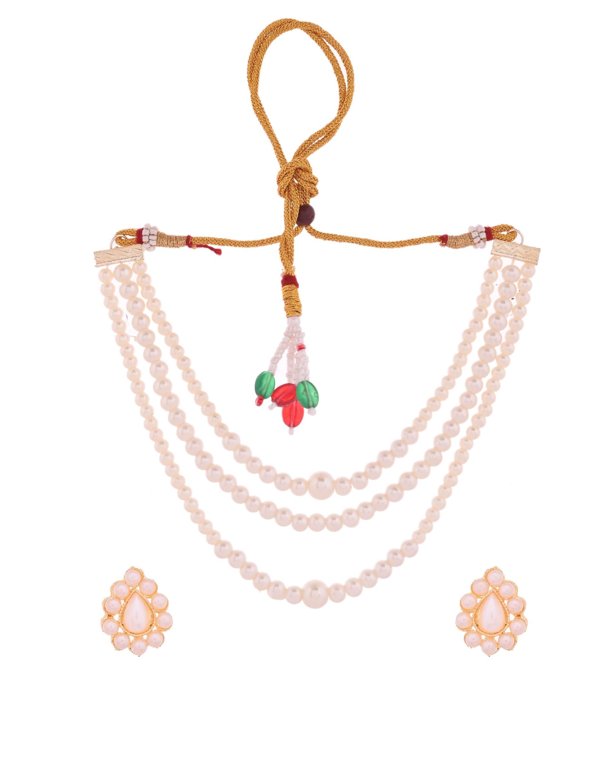 VOJ Gold Polished Artifical Pearl Mutli Layer Necklace And Earrings Set VOJ (Valley Of Jewellery)
