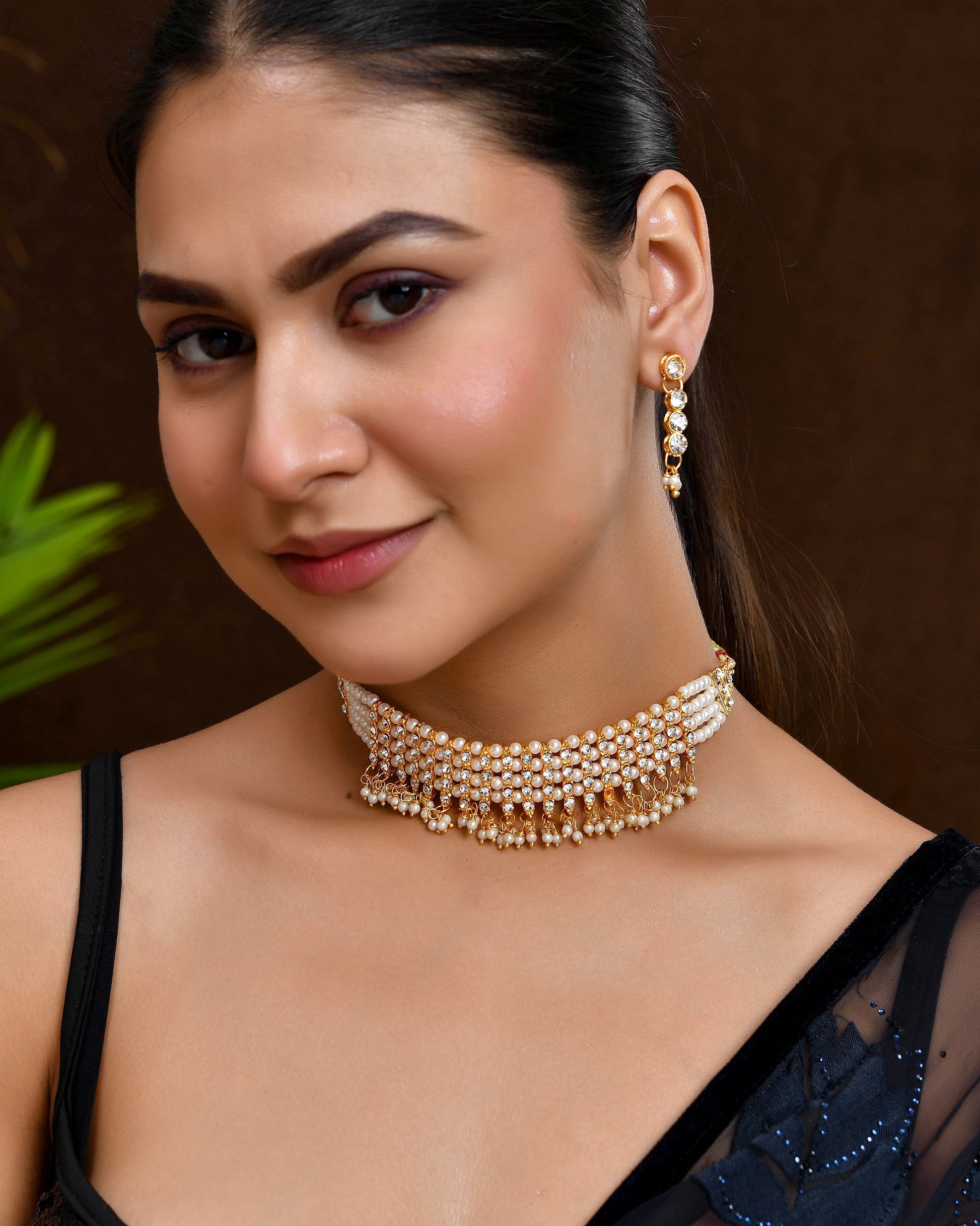 VOJ Gold Polished Artifical Beads And Stone Studded Necklace And Earrings Set VOJ (Valley Of Jewellery)