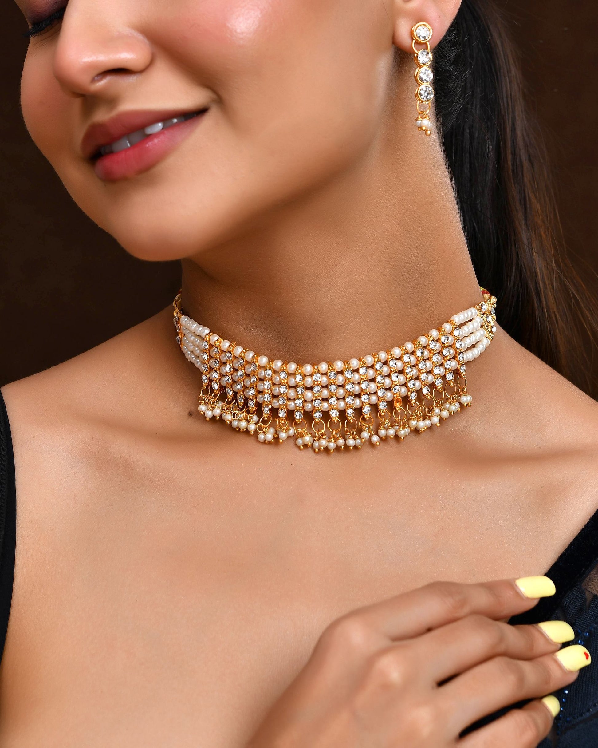 VOJ Gold Polished Artifical Beads And Stone Studded Necklace And Earrings Set VOJ (Valley Of Jewellery)