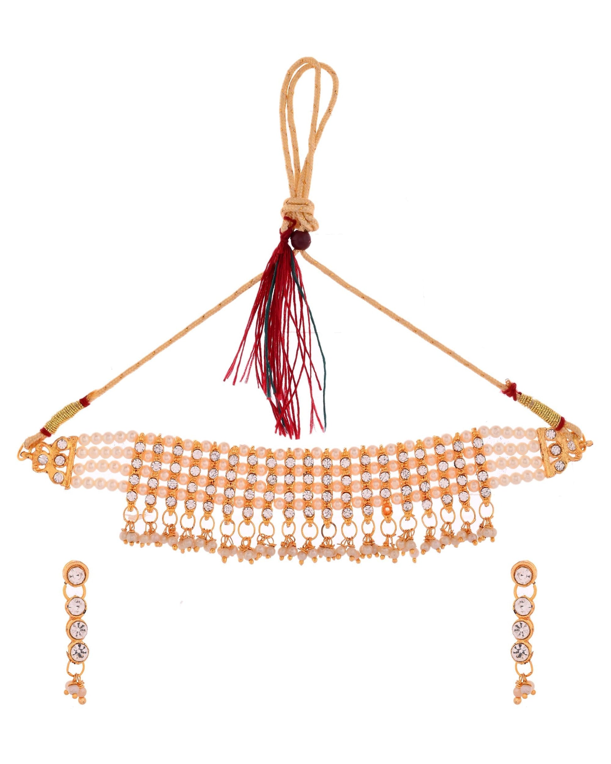 VOJ Gold Polished Artifical Beads And Stone Studded Necklace And Earrings Set VOJ (Valley Of Jewellery)