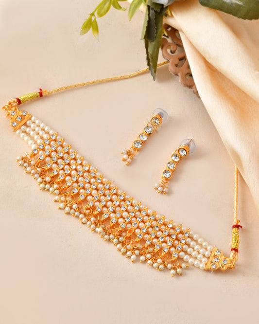 VOJ Gold Polished Artifical Beads And Stone Studded Necklace And Earrings Set VOJ (Valley Of Jewellery)