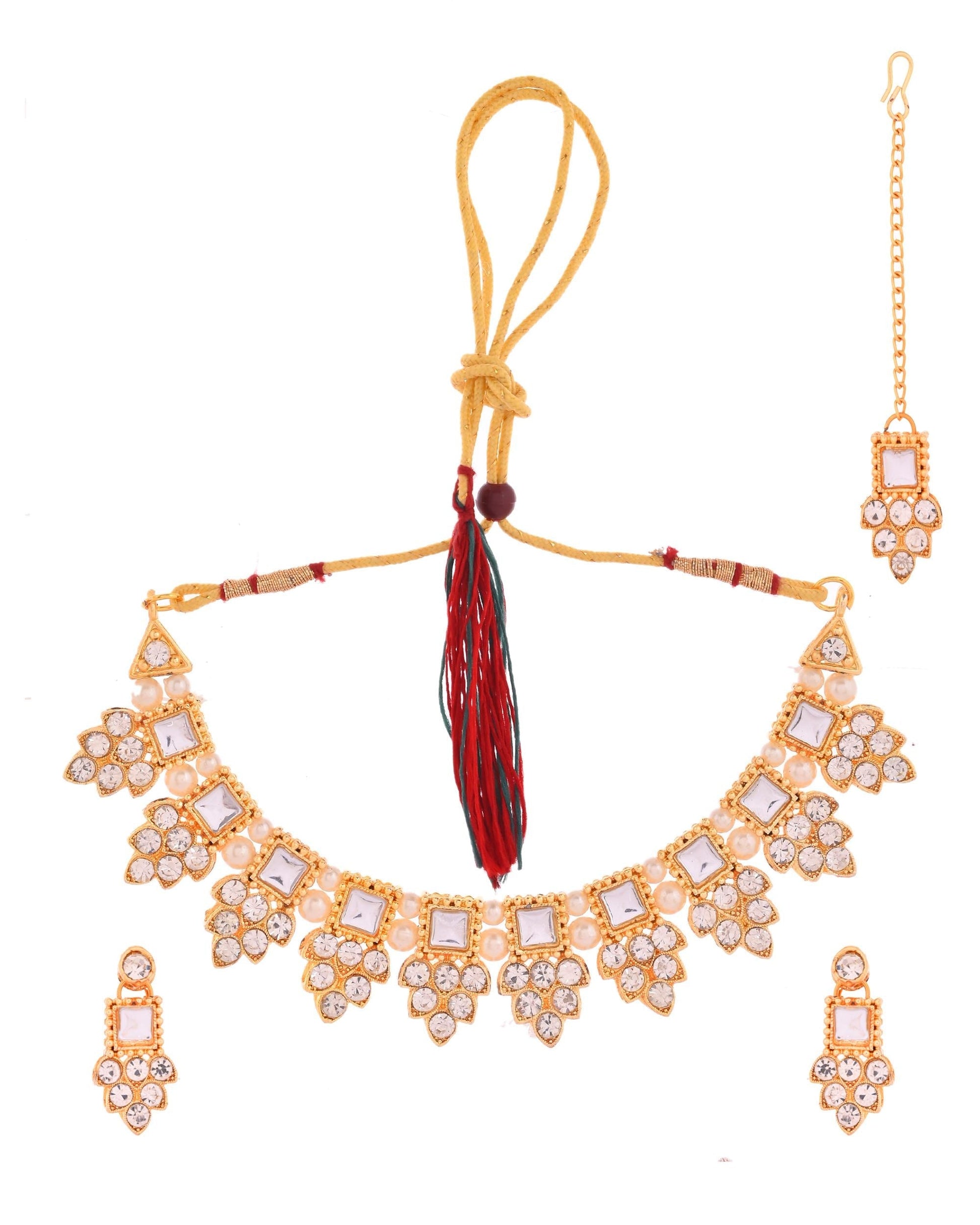 VOJ Gold Polished Stone Studded Necklace Set With Maang Tikka VOJ (Valley Of Jewellery)