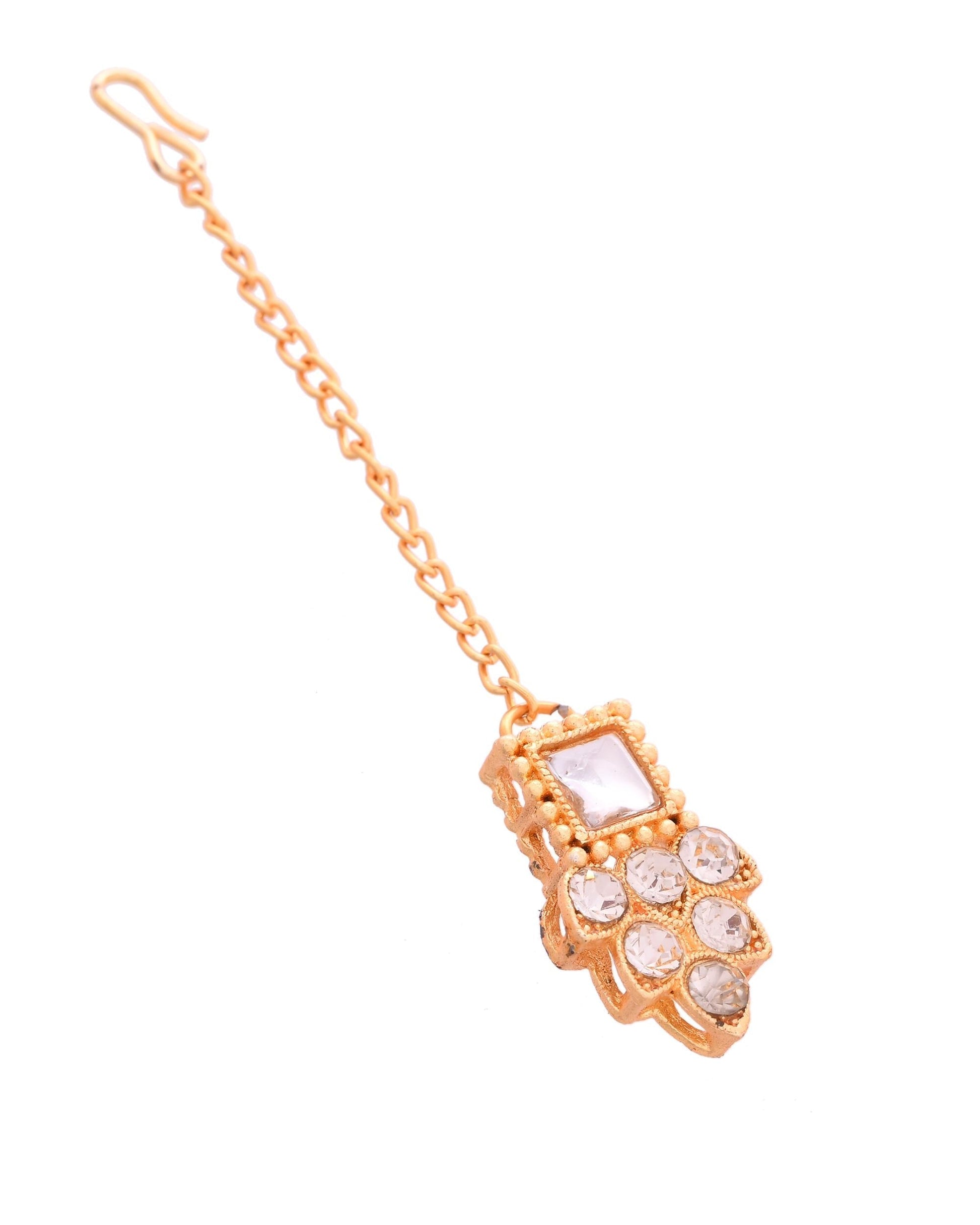 VOJ Gold Polished Stone Studded Necklace Set With Maang Tikka VOJ (Valley Of Jewellery)