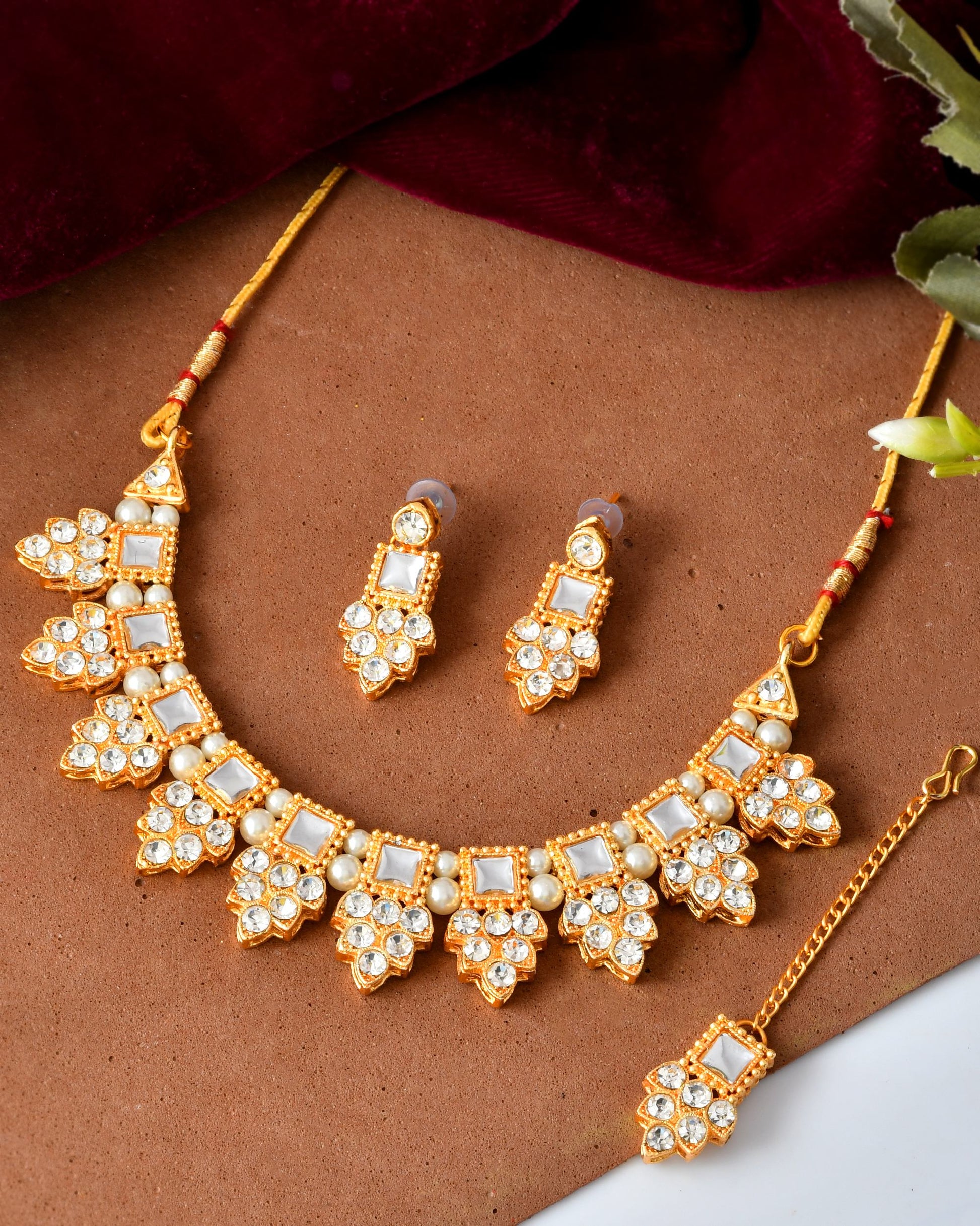 VOJ Gold Polished Stone Studded Necklace Set With Maang Tikka VOJ (Valley Of Jewellery)