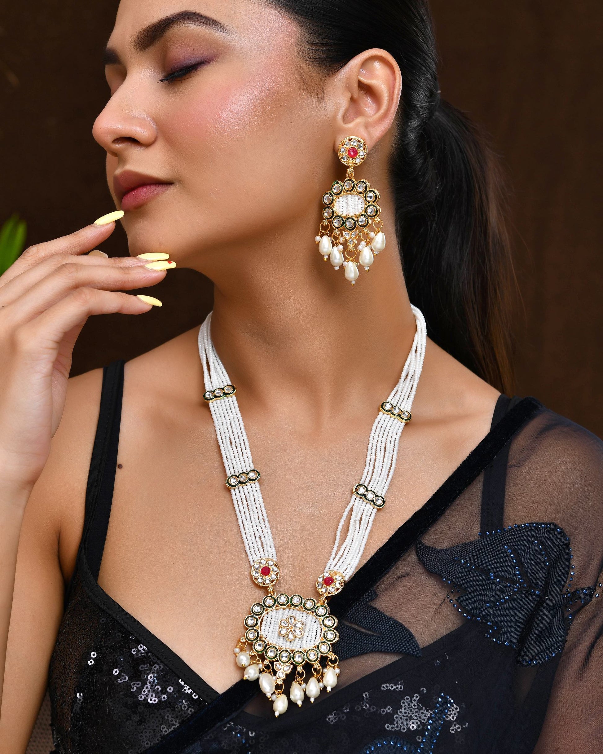 VOJ Gold Toned Artificial Beads Studded Long Necklace And Earrings Set VOJ (Valley Of Jewellery)