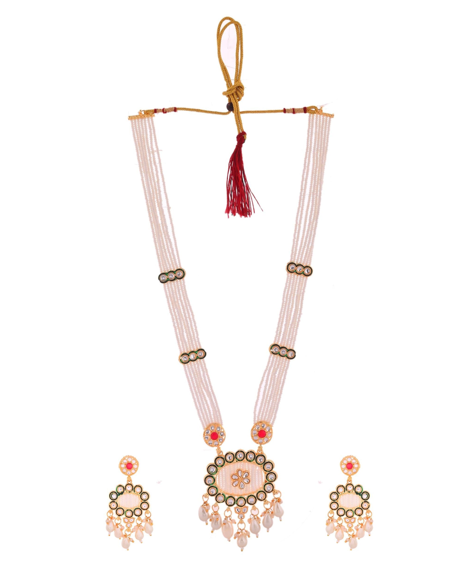 VOJ Gold Toned Artificial Beads Studded Long Necklace And Earrings Set VOJ (Valley Of Jewellery)