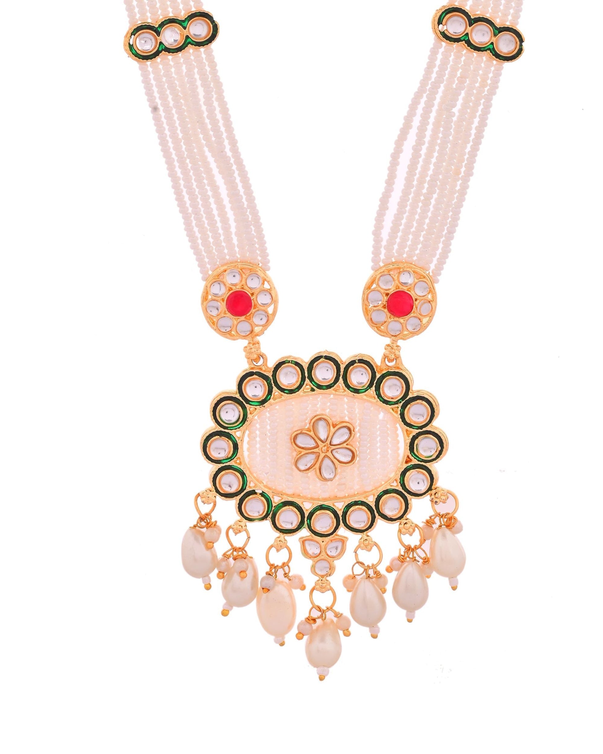 VOJ Gold Toned Artificial Beads Studded Long Necklace And Earrings Set VOJ (Valley Of Jewellery)