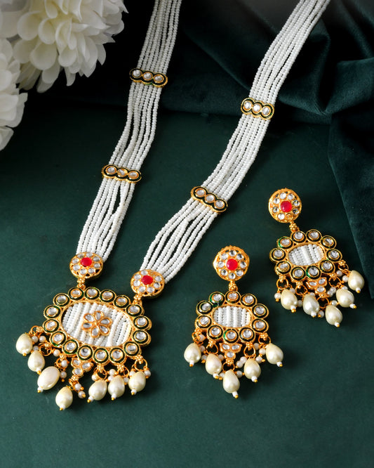 VOJ Gold Toned Artificial Beads Studded Long Necklace And Earrings Set VOJ (Valley Of Jewellery)