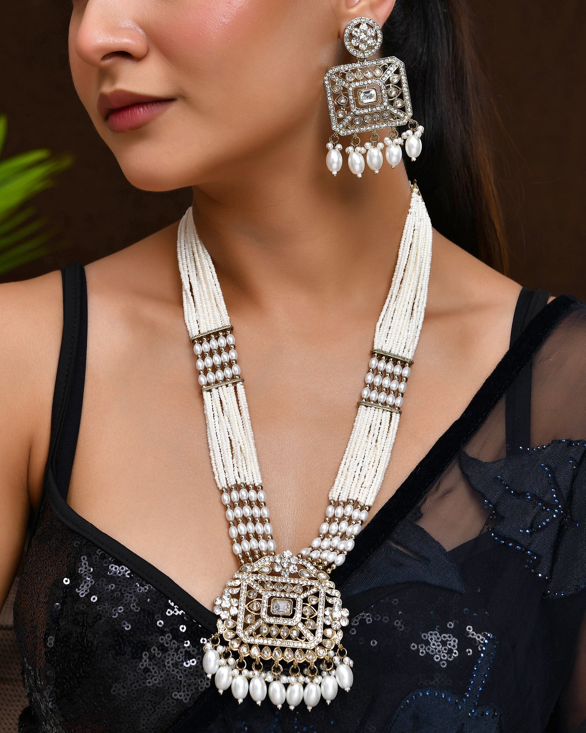 VOJ Copper-Toned Artificial Stone Studded Geometrical Long Necklace And Earrings Set VOJ (Valley Of Jewellery)