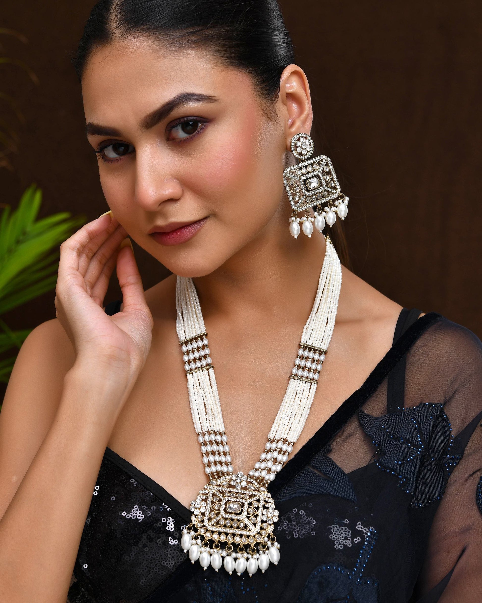 VOJ Copper-Toned Artificial Stone Studded Geometrical Long Necklace And Earrings Set VOJ (Valley Of Jewellery)