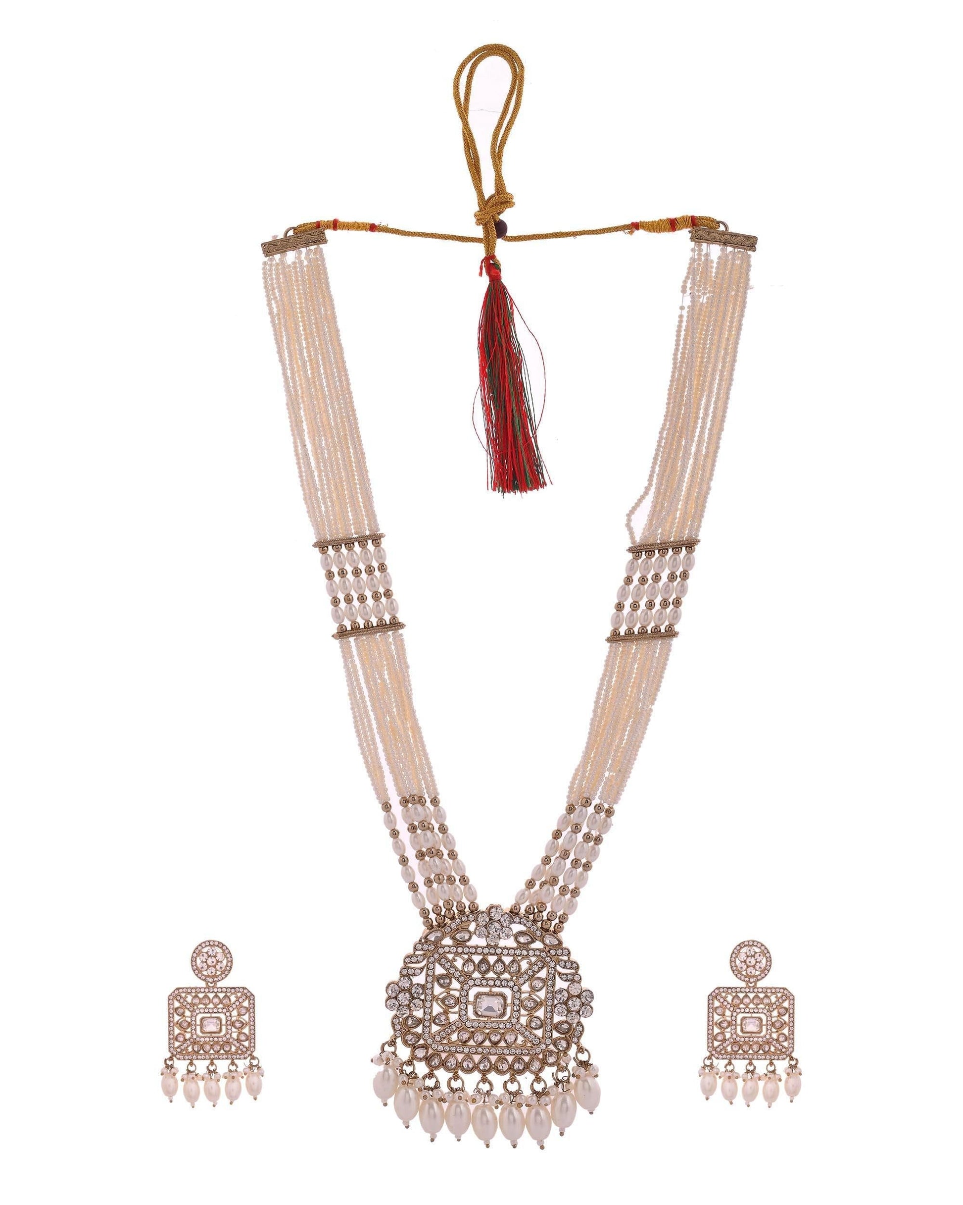 VOJ Copper-Toned Artificial Stone Studded Geometrical Long Necklace And Earrings Set VOJ (Valley Of Jewellery)