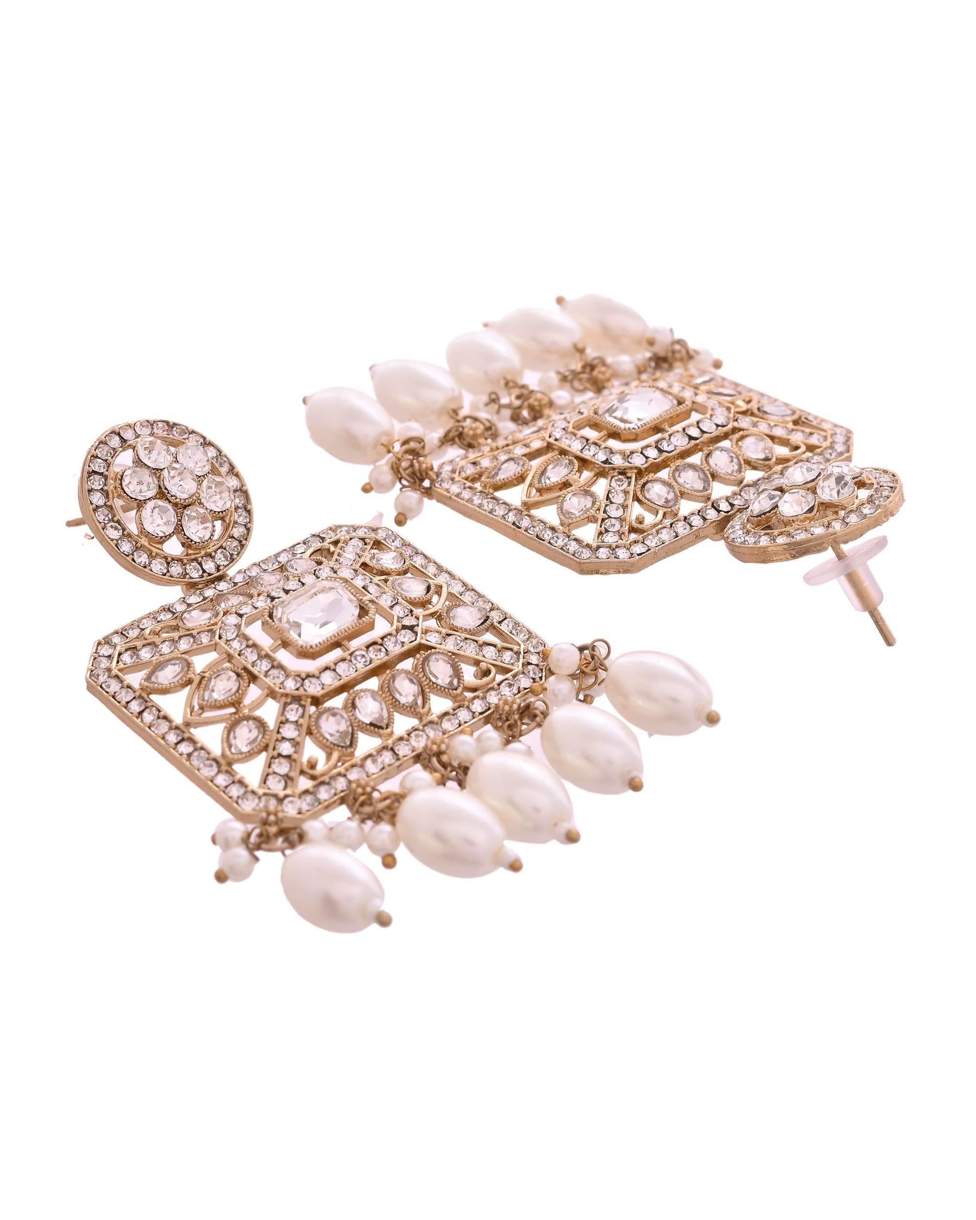 VOJ Copper-Toned Artificial Stone Studded Geometrical Long Necklace And Earrings Set VOJ (Valley Of Jewellery)