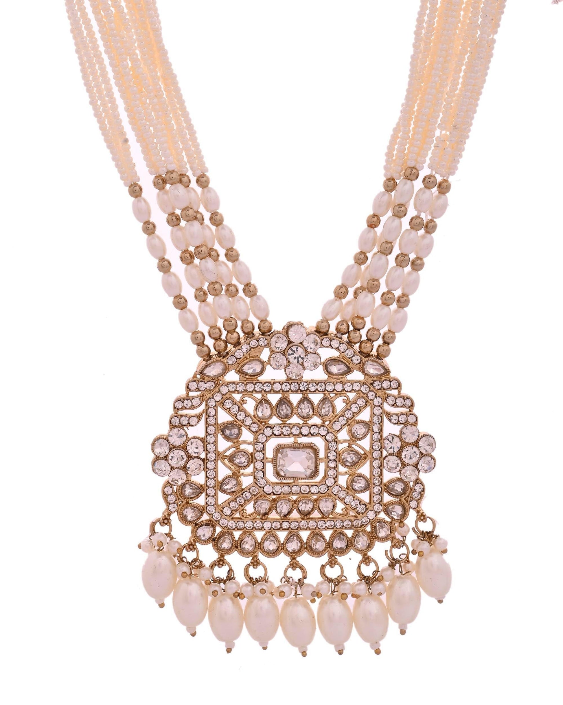 VOJ Copper-Toned Artificial Stone Studded Geometrical Long Necklace And Earrings Set VOJ (Valley Of Jewellery)