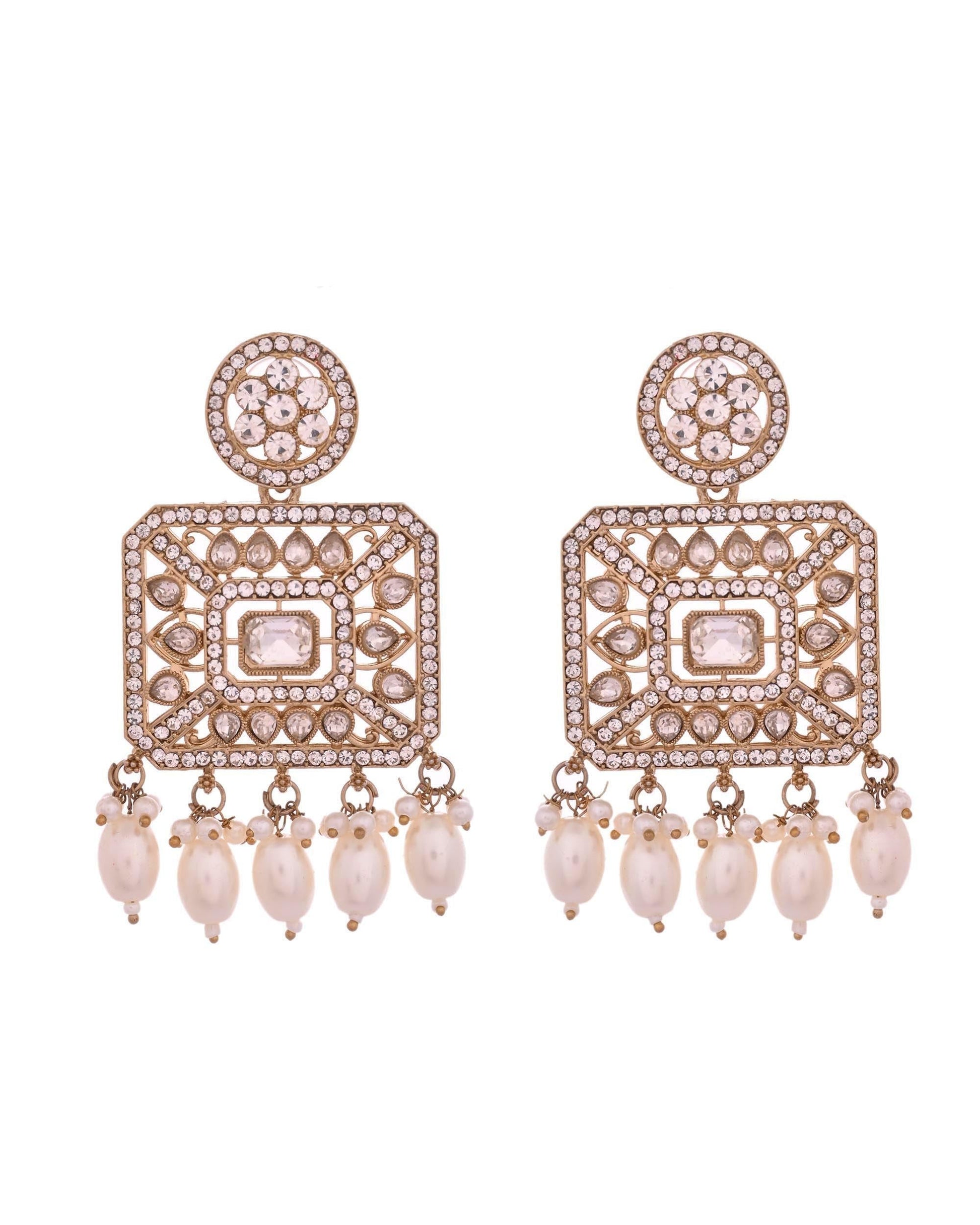 VOJ Copper-Toned Artificial Stone Studded Geometrical Long Necklace And Earrings Set VOJ (Valley Of Jewellery)