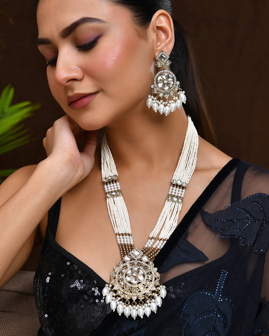 VOJ Copper-Toned Artifical Stone Studded Circular Long Necklace And Earrings Set VOJ (Valley Of Jewellery)