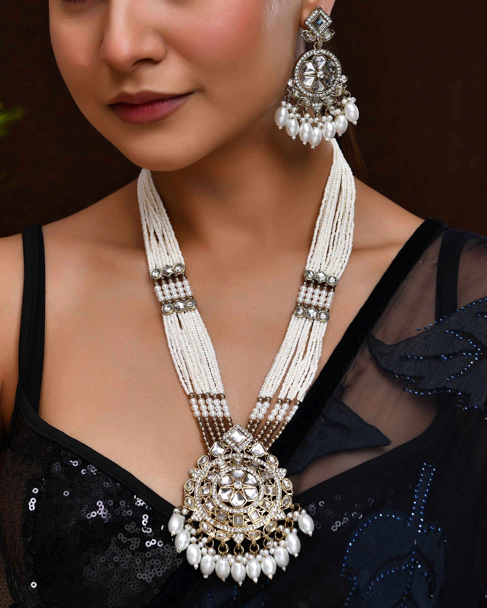 VOJ Copper-Toned Artifical Stone Studded Circular Long Necklace And Earrings Set VOJ (Valley Of Jewellery)