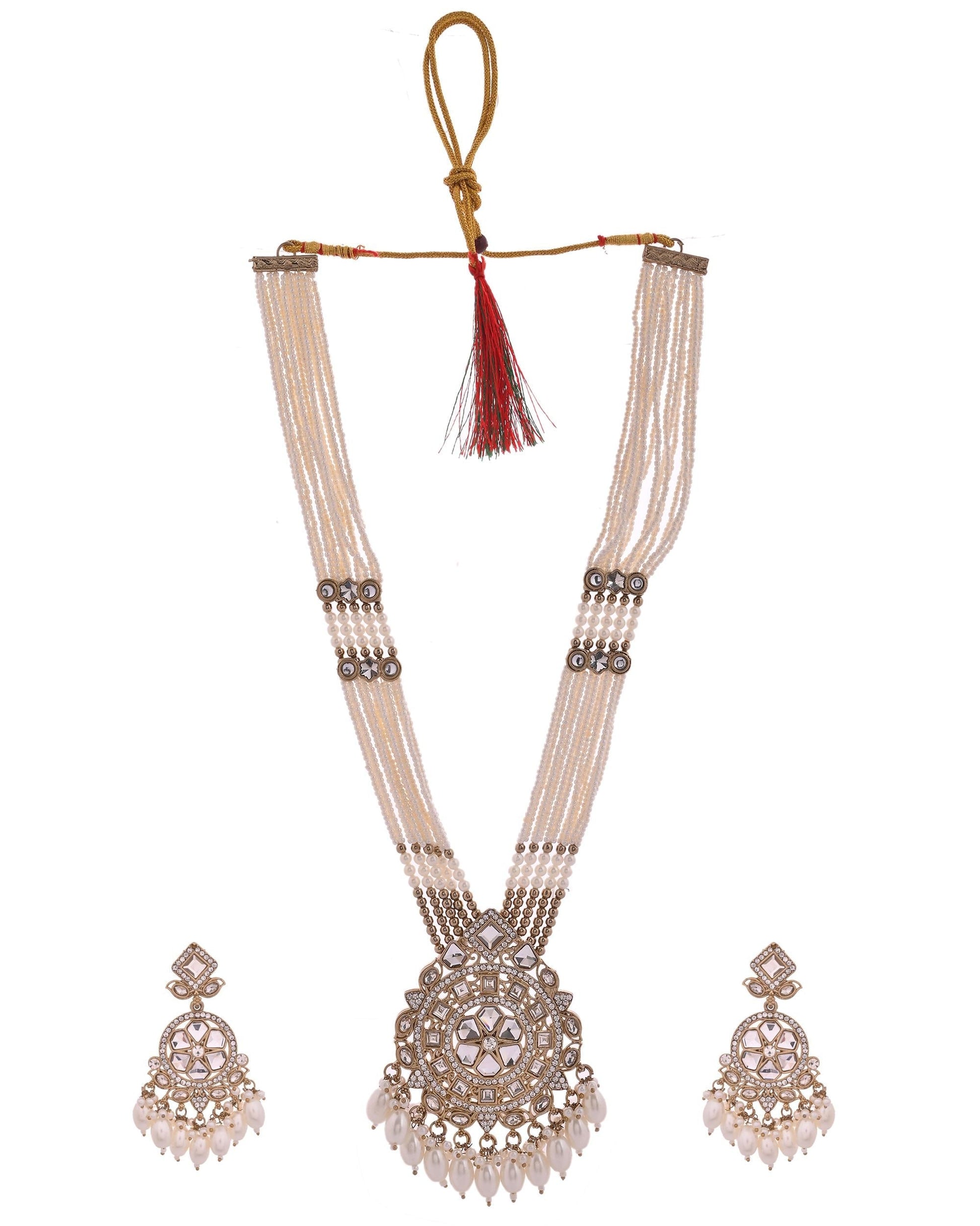VOJ Copper-Toned Artifical Stone Studded Circular Long Necklace And Earrings Set VOJ (Valley Of Jewellery)