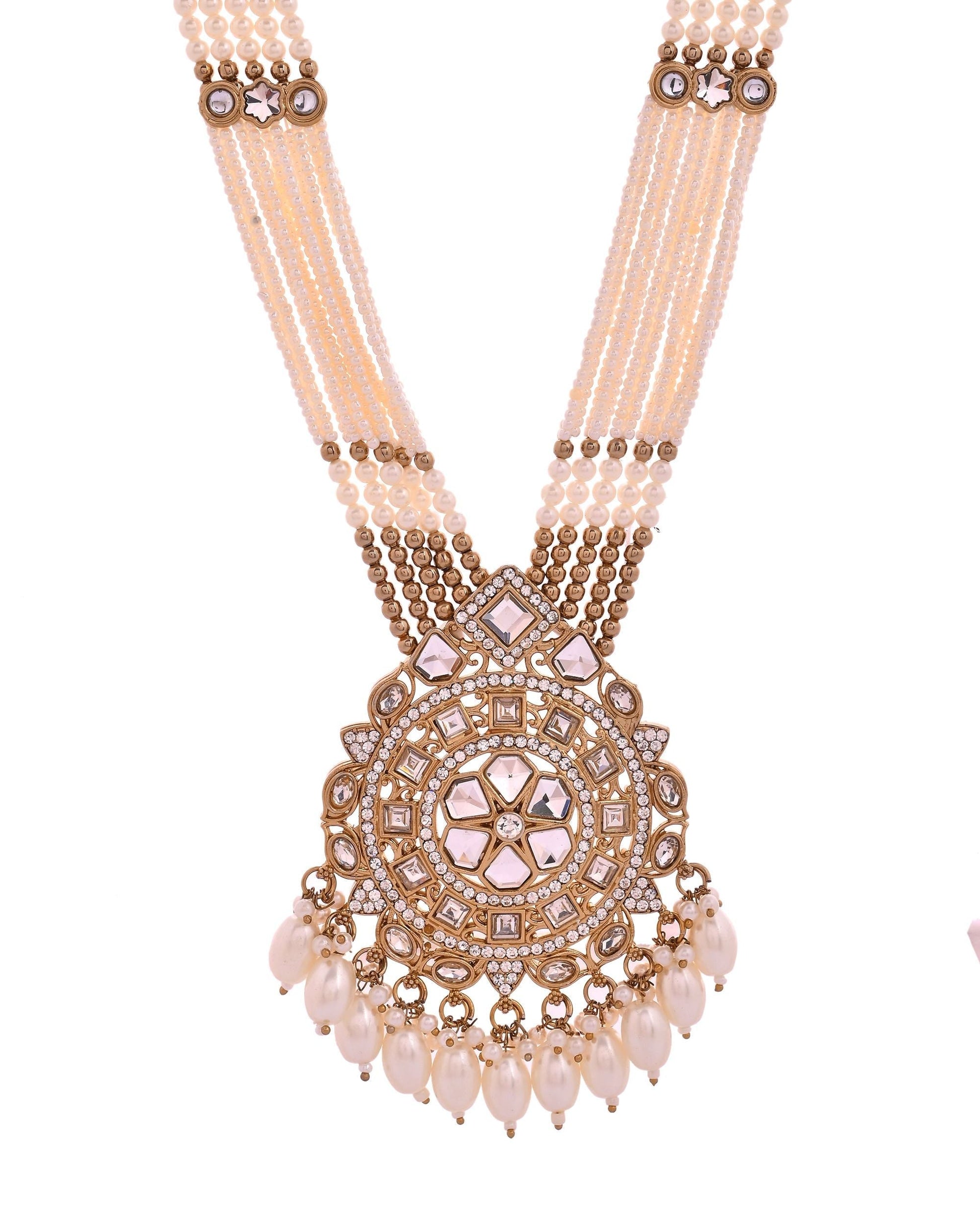 VOJ Copper-Toned Artifical Stone Studded Circular Long Necklace And Earrings Set VOJ (Valley Of Jewellery)