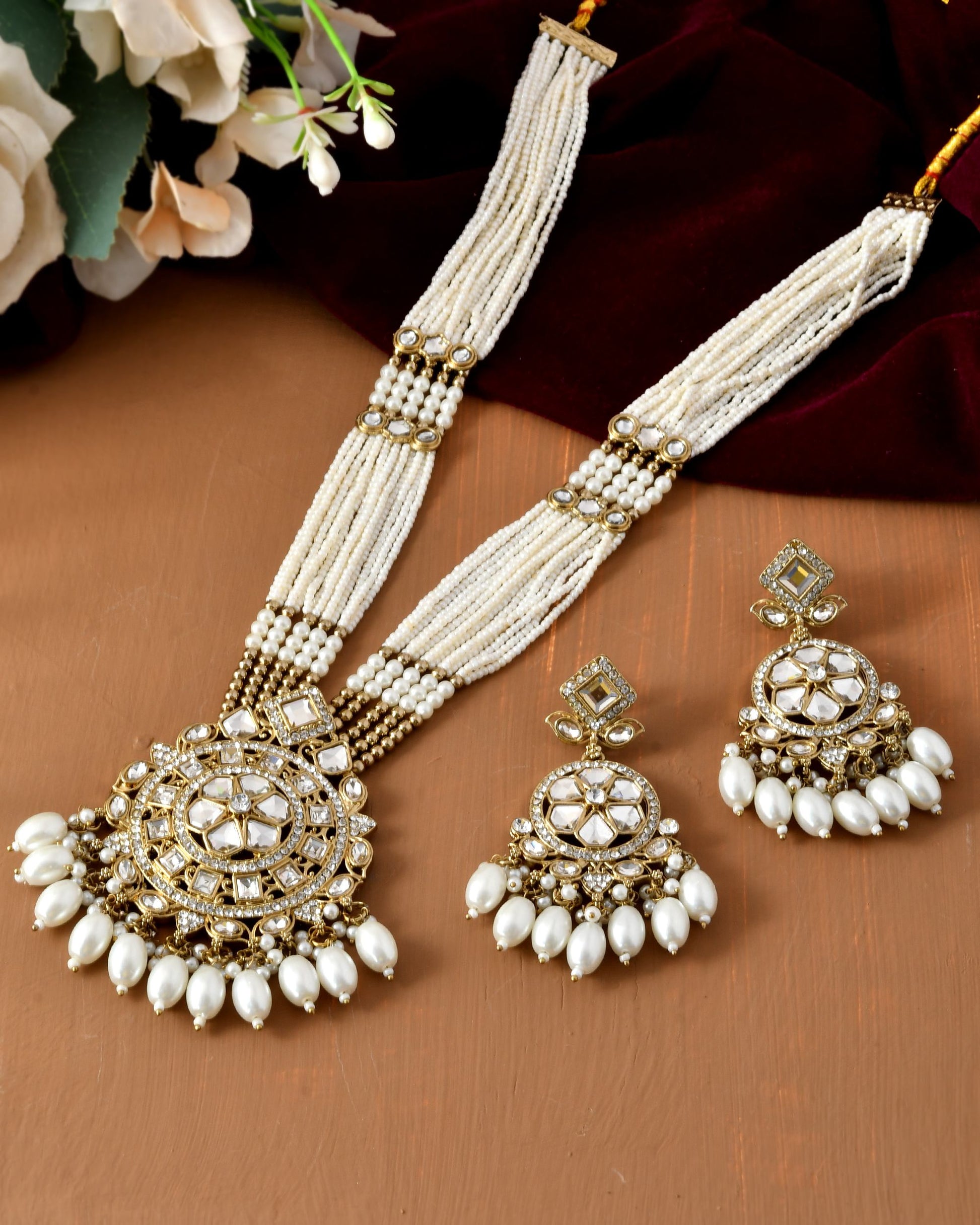 VOJ Copper-Toned Artifical Stone Studded Circular Long Necklace And Earrings Set VOJ (Valley Of Jewellery)