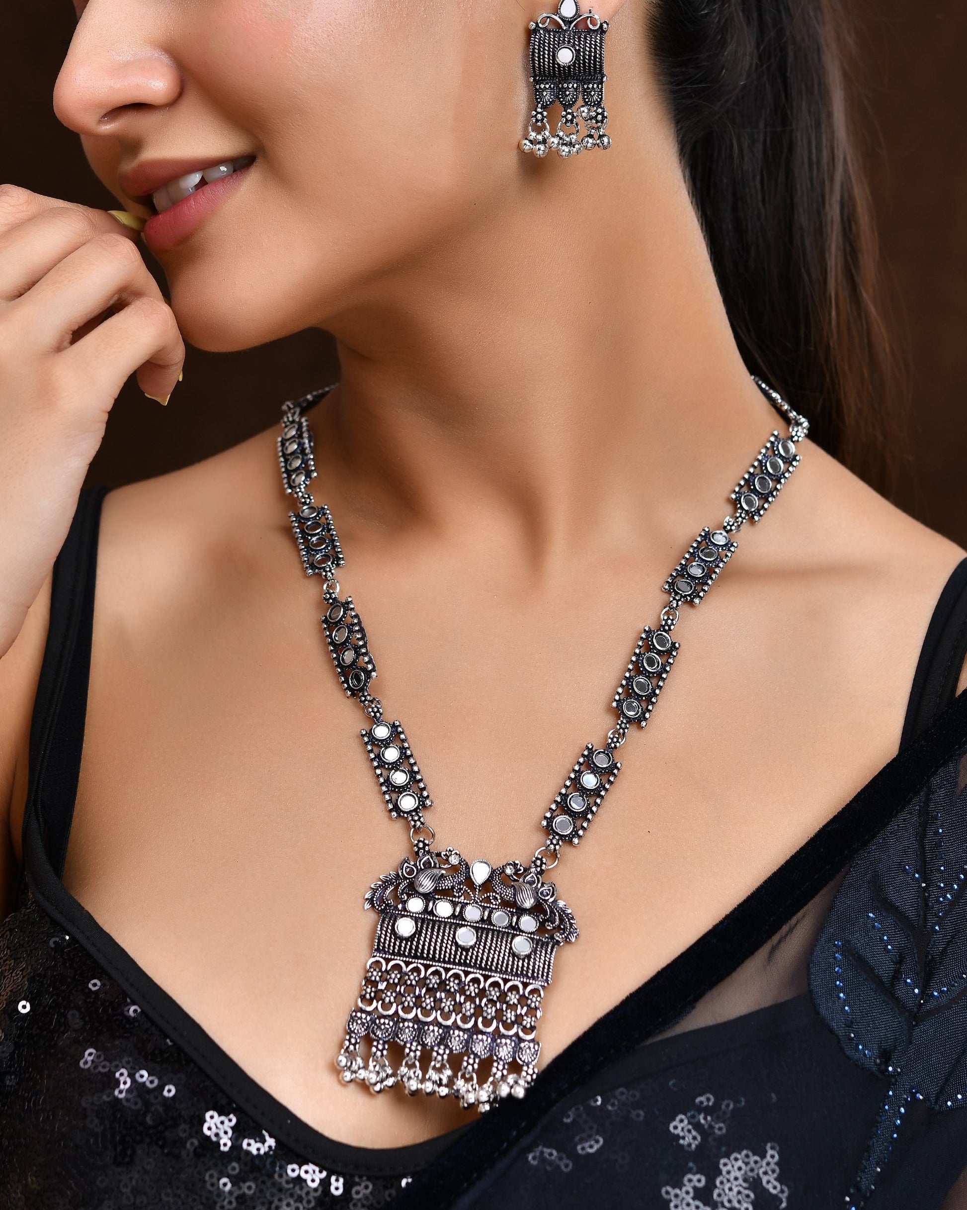 VOJ Oxidized Silver-Plated Stone-Studded Beaded Long Jewellery Set VOJ (Valley Of Jewellery)
