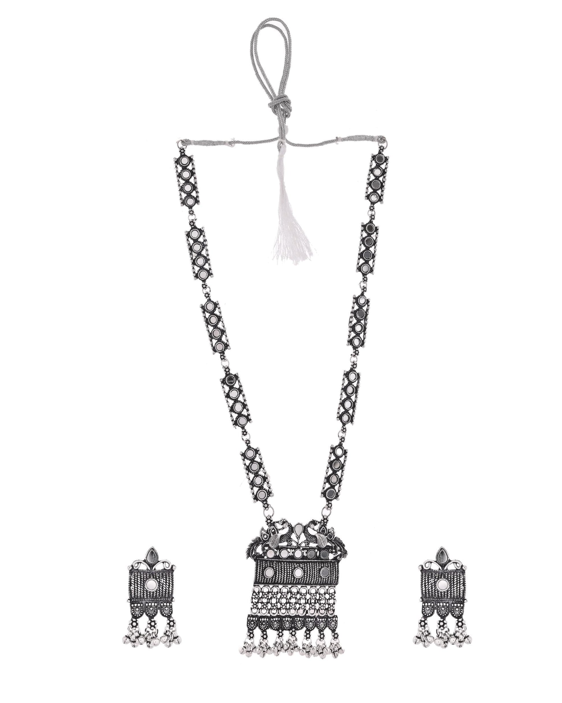 VOJ Oxidized Silver-Plated Stone-Studded Beaded Long Jewellery Set VOJ (Valley Of Jewellery)
