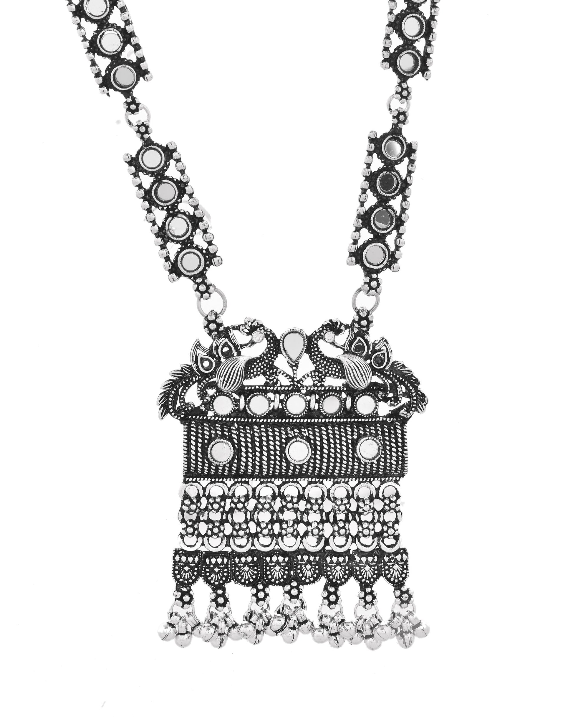 VOJ Oxidized Silver-Plated Stone-Studded Beaded Long Jewellery Set VOJ (Valley Of Jewellery)