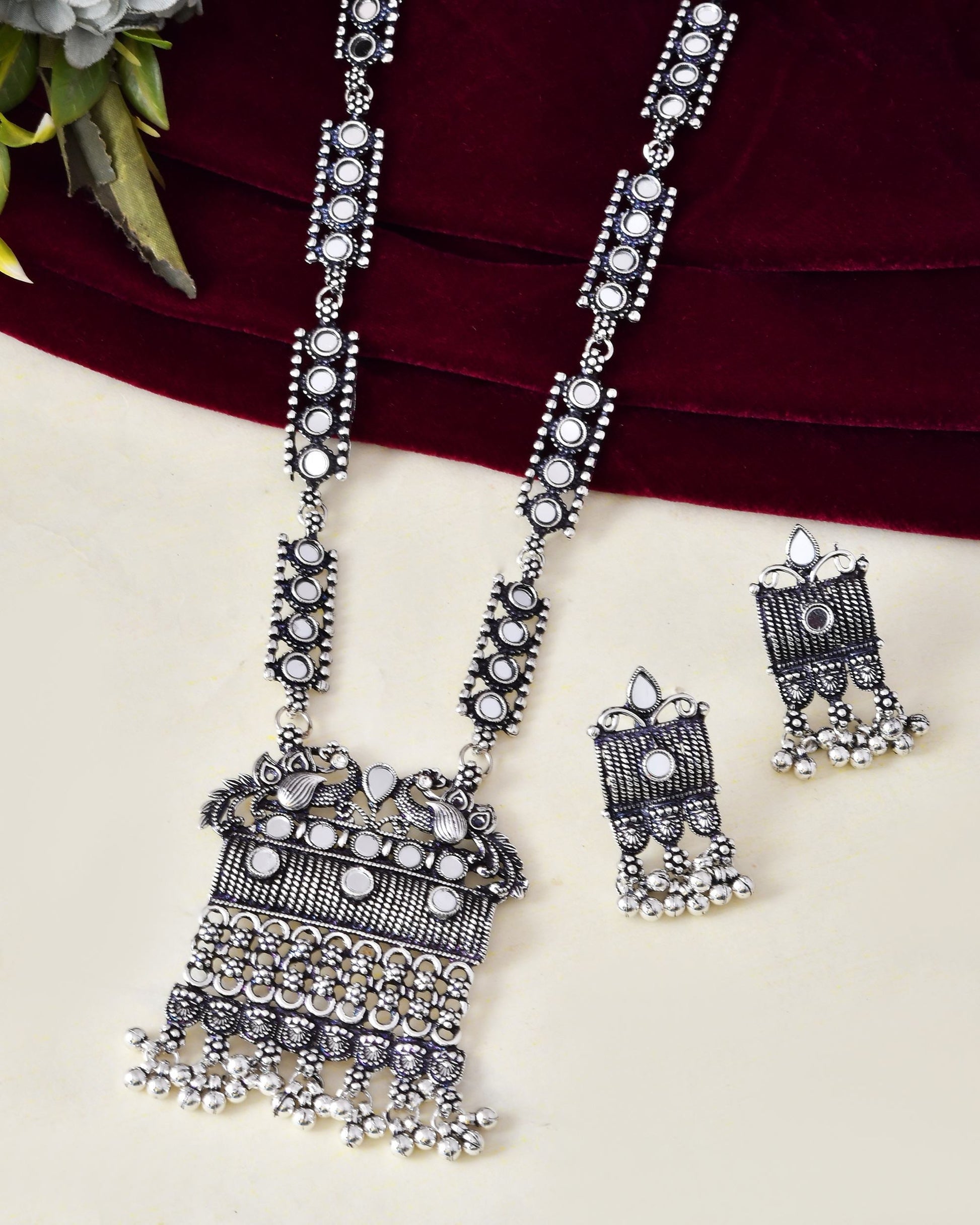 VOJ Oxidized Silver-Plated Stone-Studded Beaded Long Jewellery Set VOJ (Valley Of Jewellery)