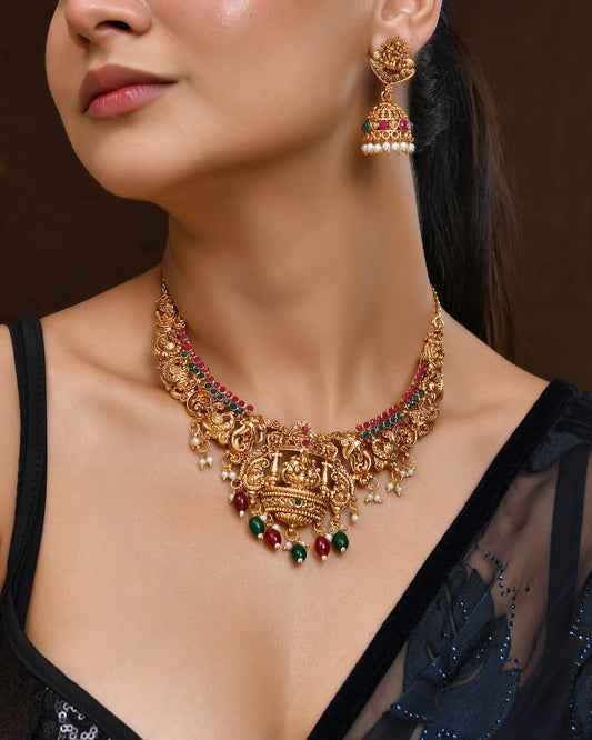 VOJ Gold Polished Beaded Temple Jewellery Set VOJ (Valley Of Jewellery)