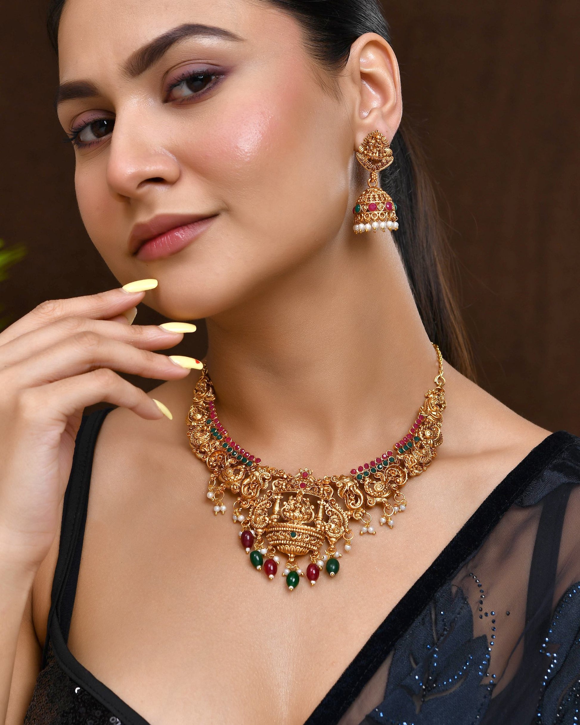 VOJ Gold Polished Beaded Temple Jewellery Set VOJ (Valley Of Jewellery)