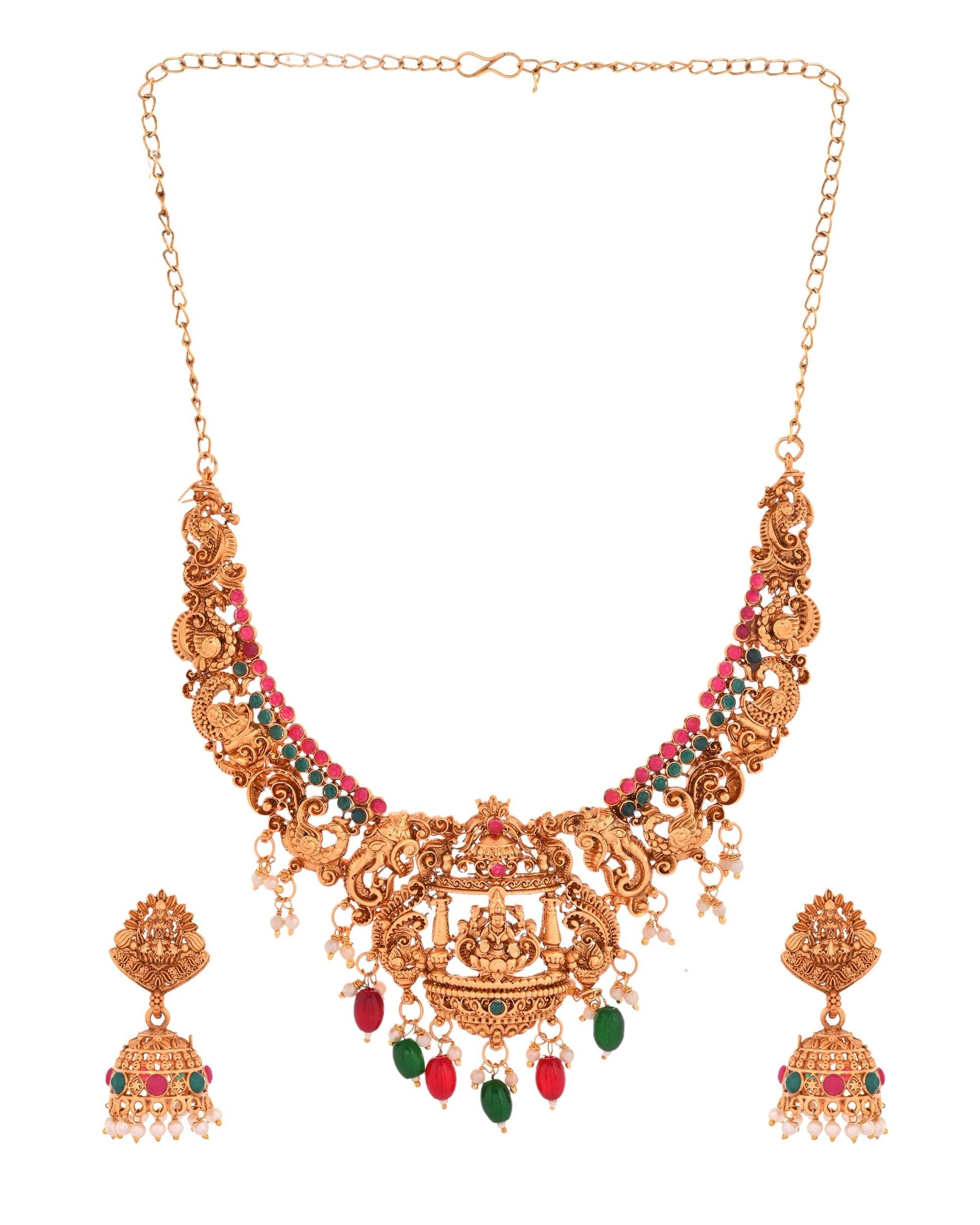 VOJ Gold Polished Beaded Temple Jewellery Set VOJ (Valley Of Jewellery)