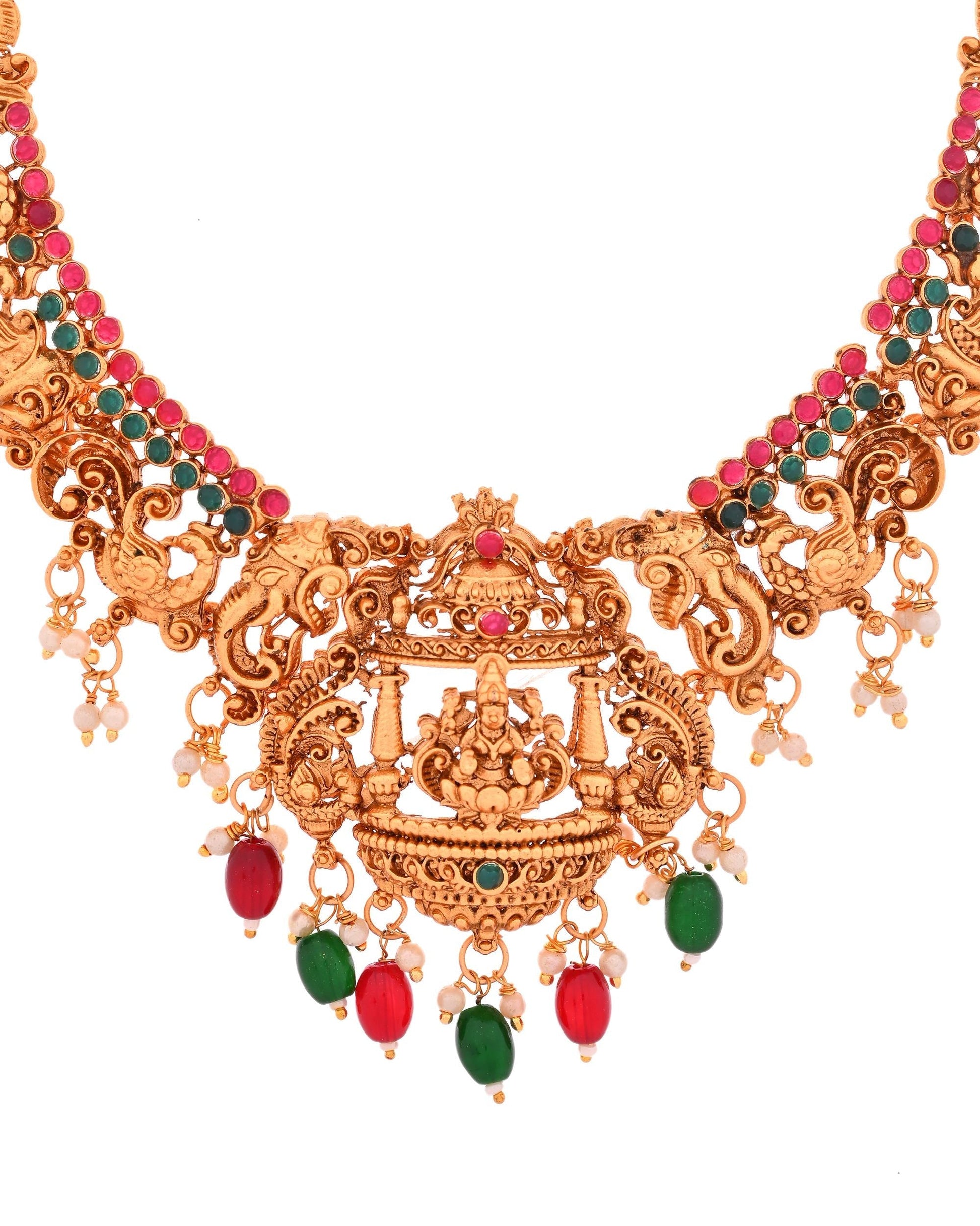 VOJ Gold Polished Beaded Temple Jewellery Set VOJ (Valley Of Jewellery)