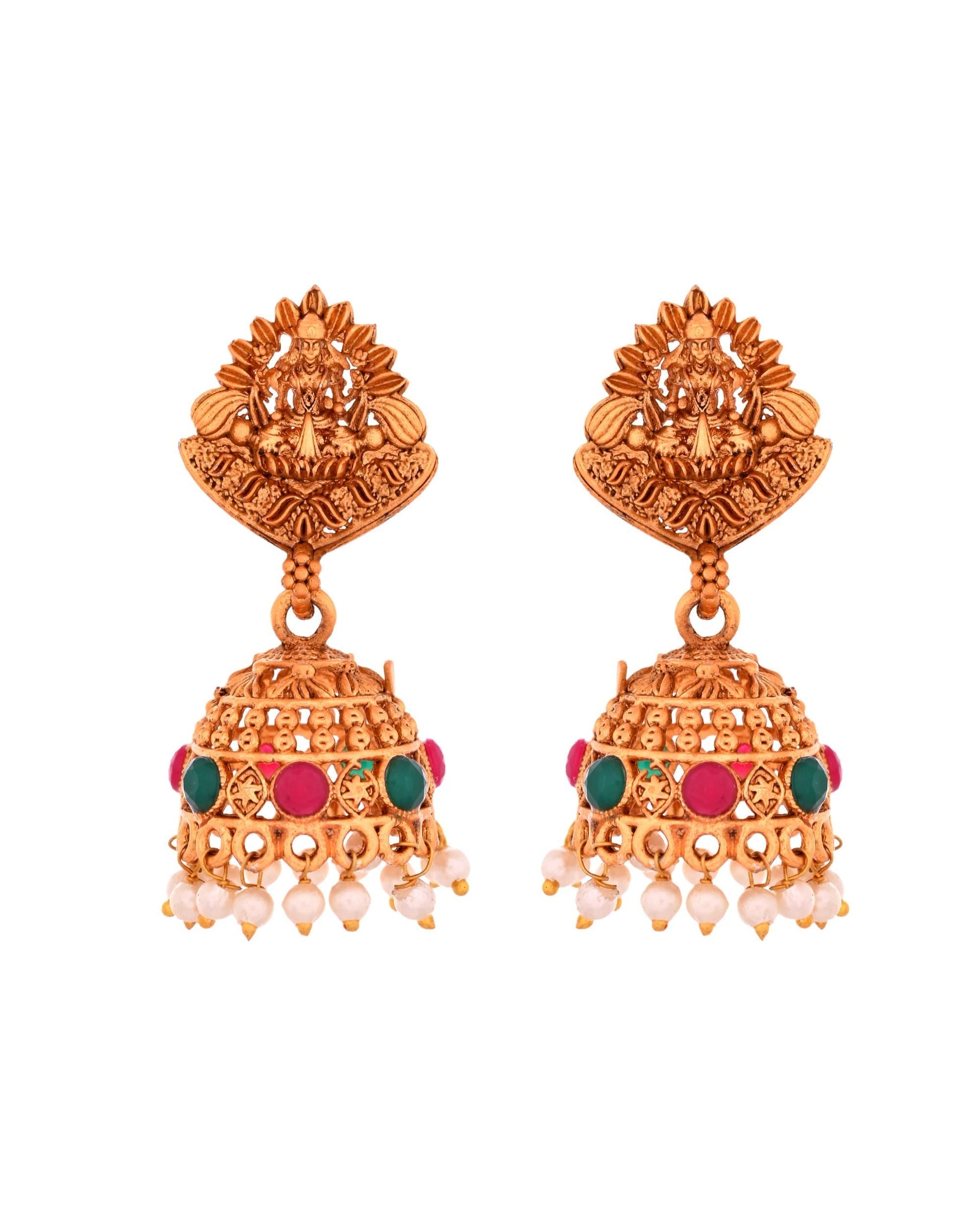 VOJ Gold Polished Beaded Temple Jewellery Set VOJ (Valley Of Jewellery)