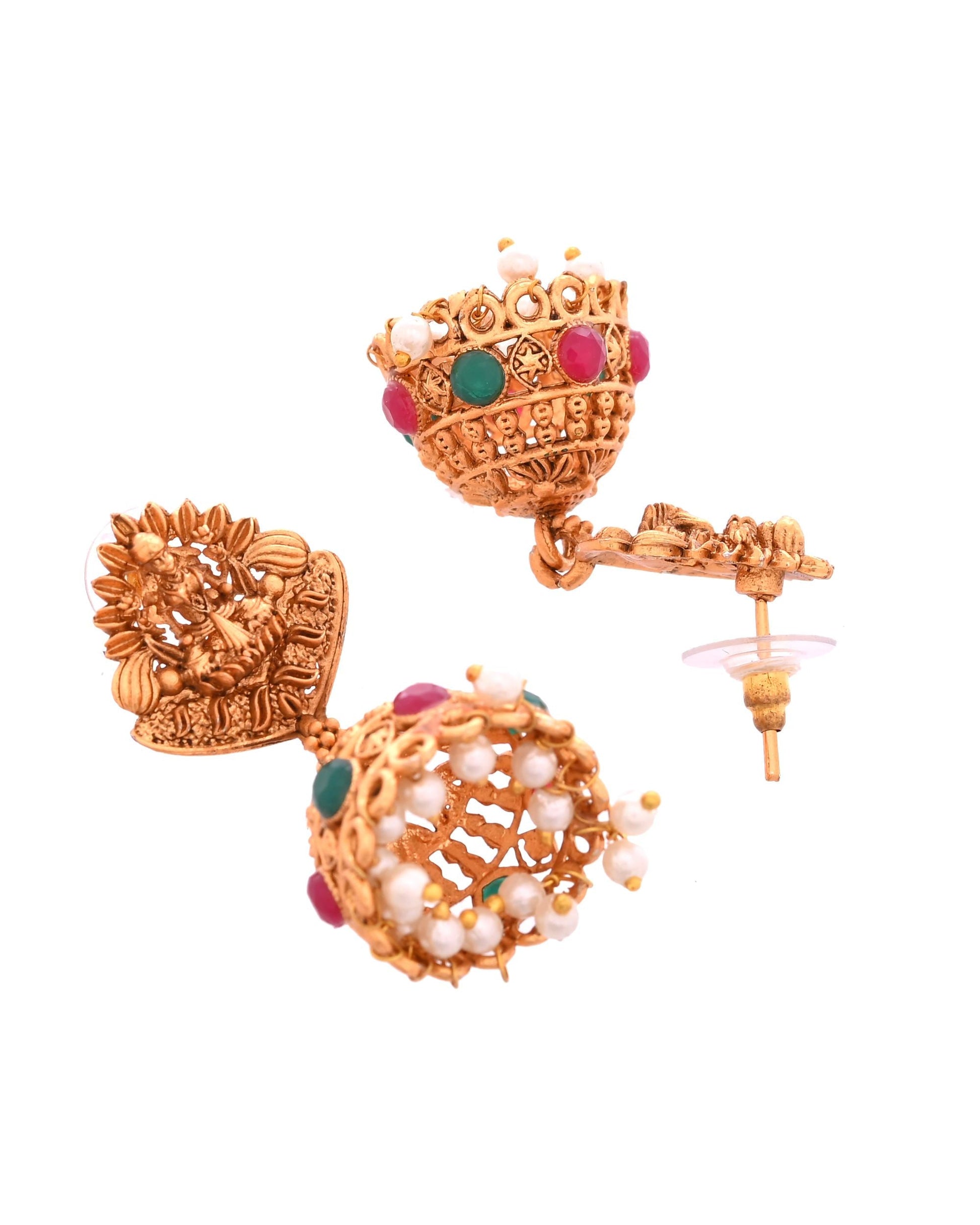 VOJ Gold Polished Beaded Temple Jewellery Set VOJ (Valley Of Jewellery)