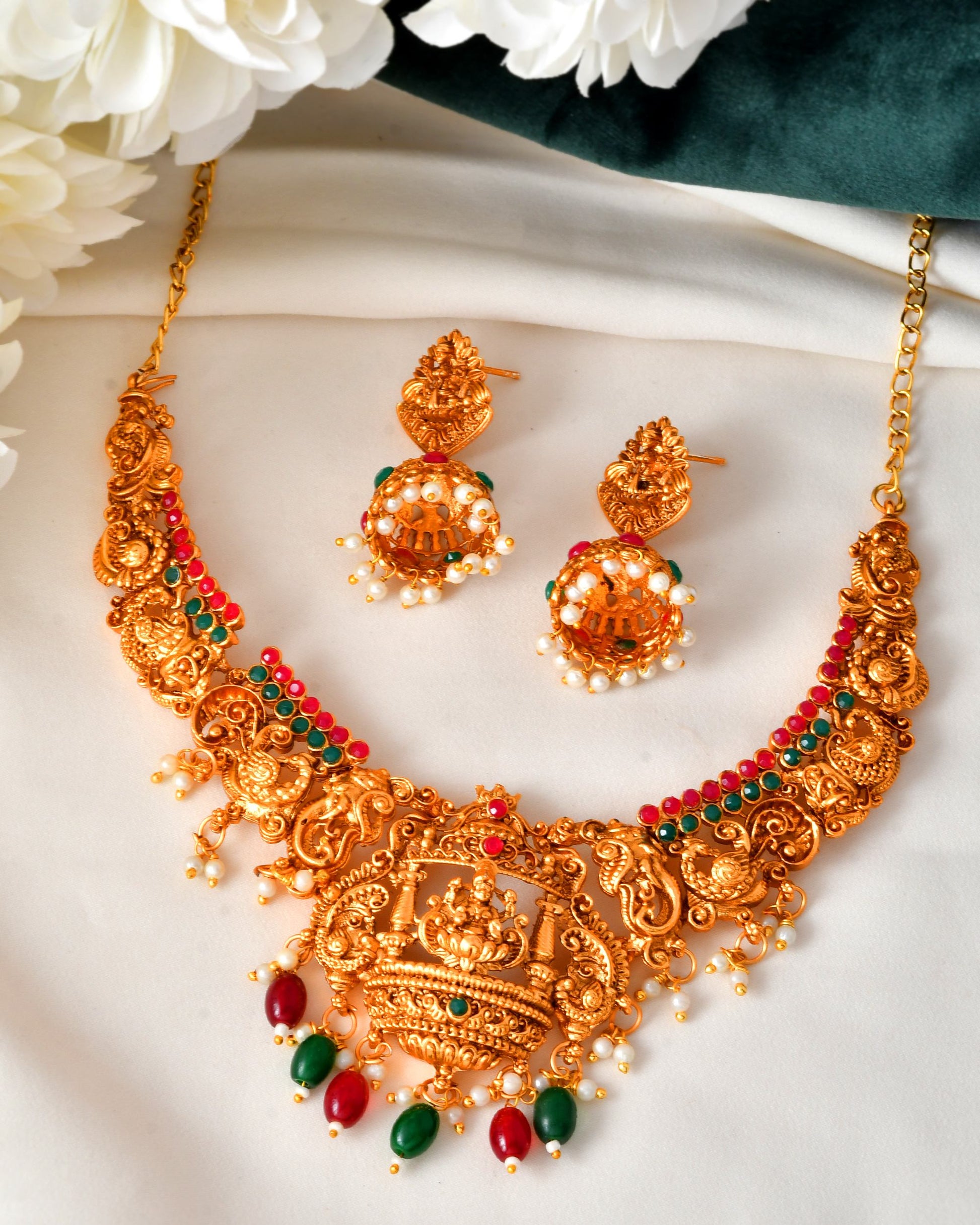 VOJ Gold Polished Beaded Temple Jewellery Set VOJ (Valley Of Jewellery)