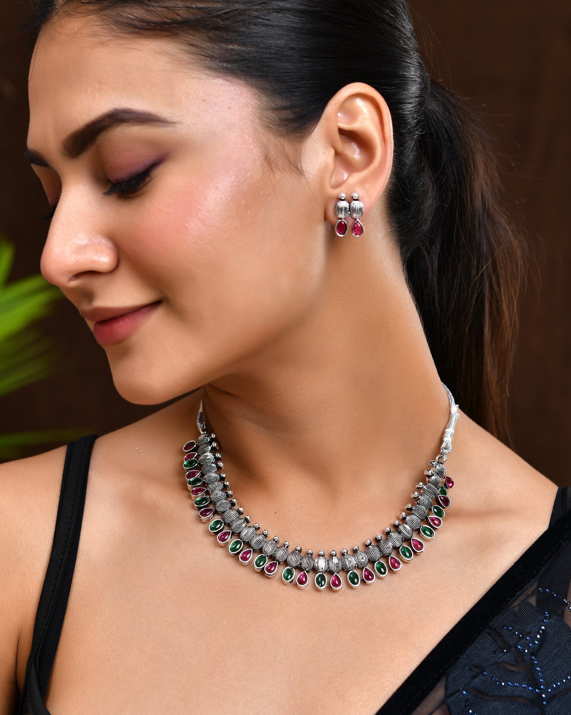 VOJ Oxidized Silver Toned Green And Pink Stone Studded Jewellery Set VOJ (Valley Of Jewellery)