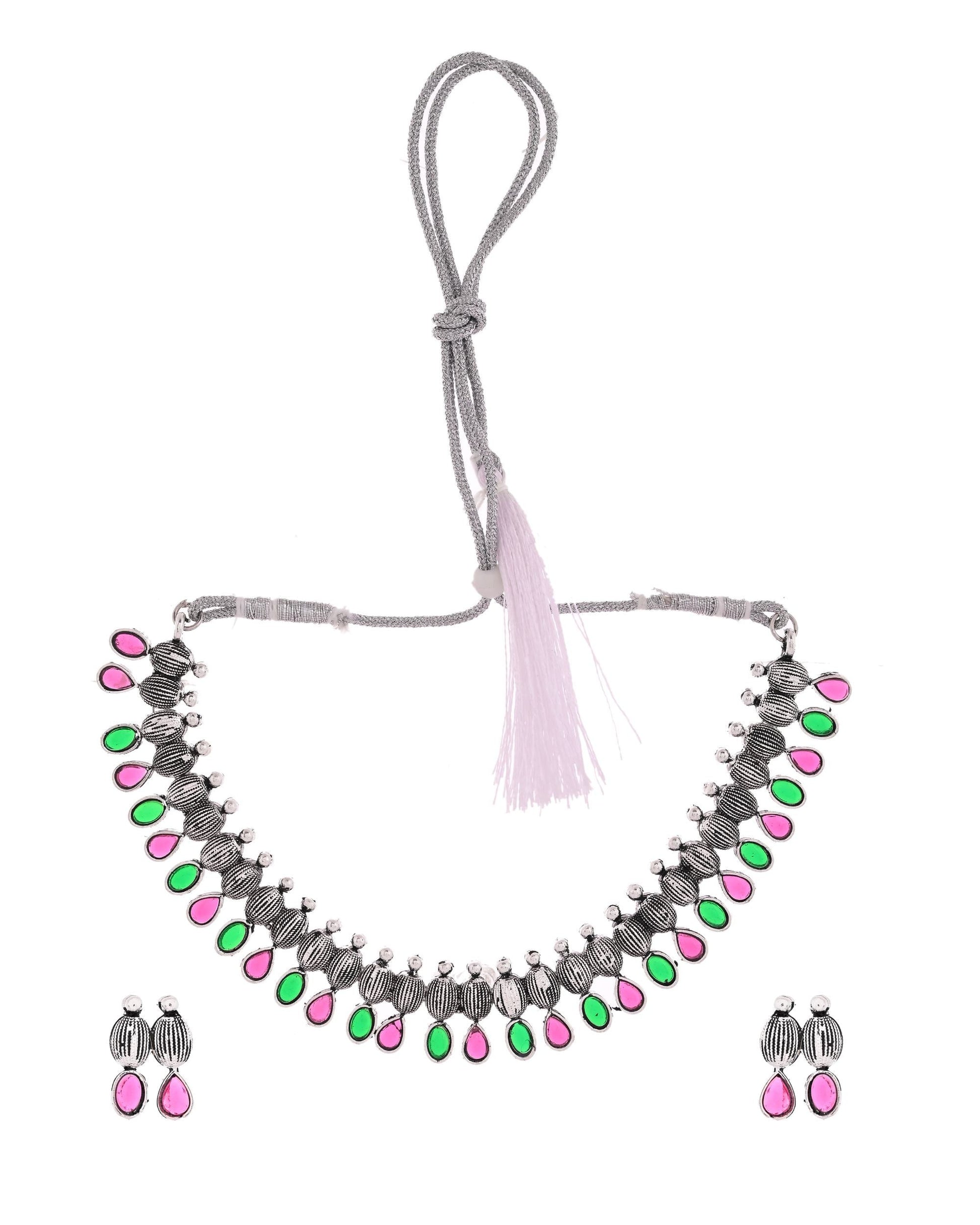 VOJ Oxidized Silver Toned Green And Pink Stone Studded Jewellery Set VOJ (Valley Of Jewellery)