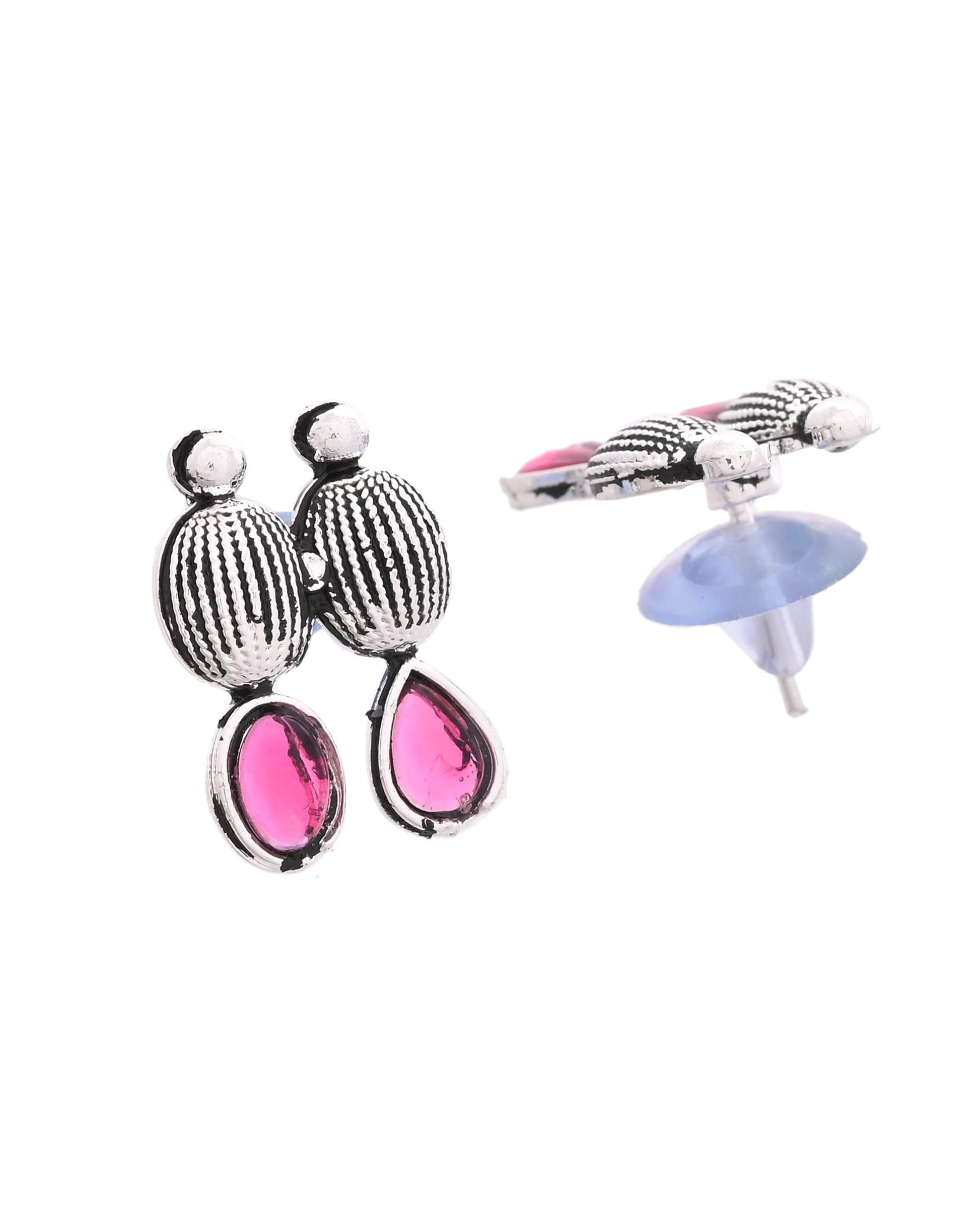 VOJ Oxidized Silver Toned Green And Pink Stone Studded Jewellery Set VOJ (Valley Of Jewellery)