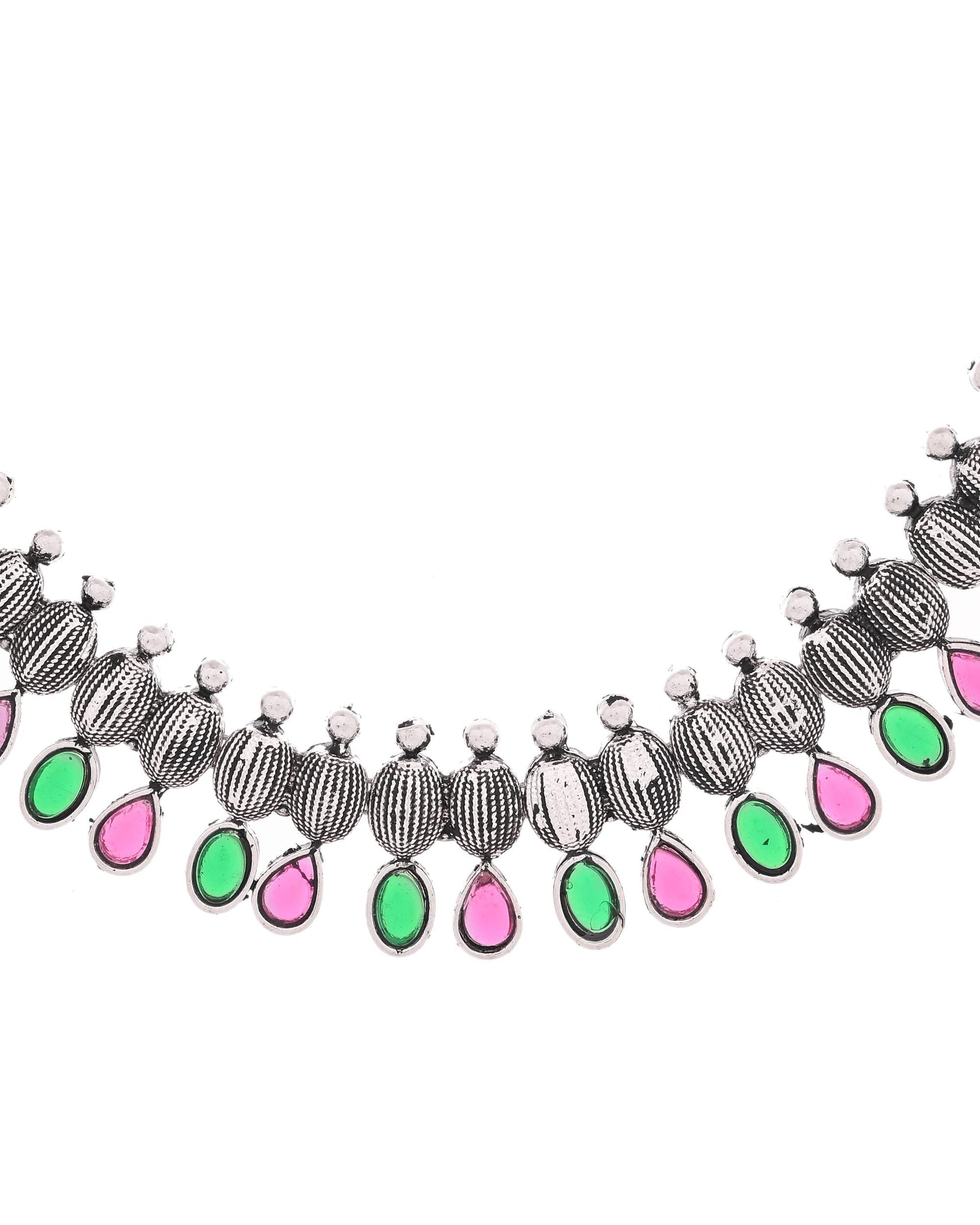 VOJ Oxidized Silver Toned Green And Pink Stone Studded Jewellery Set VOJ (Valley Of Jewellery)