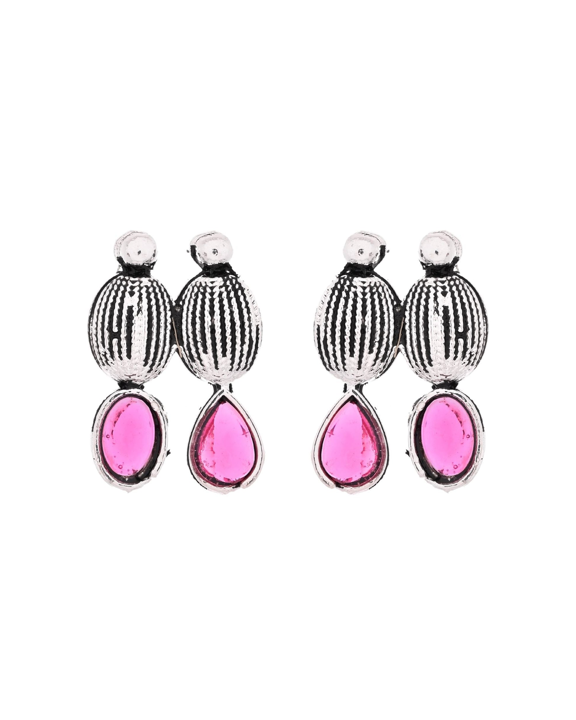 VOJ Oxidized Silver Toned Green And Pink Stone Studded Jewellery Set - Swadesiicart