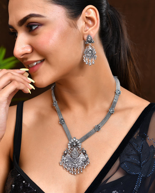 VOJ Oxidized Silver-Plated Artificial Beaded Long Jewellery Set VOJ (Valley Of Jewellery)
