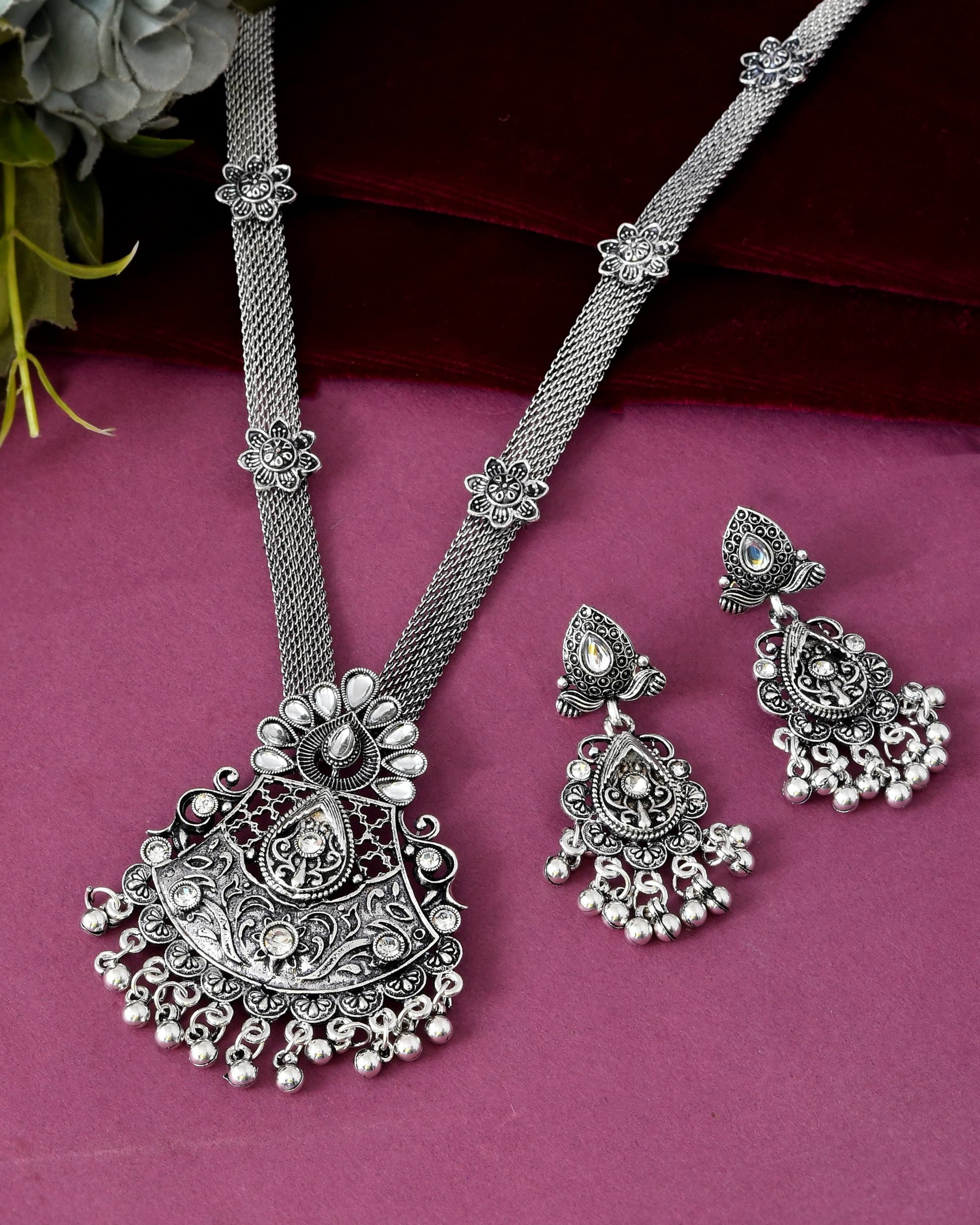 VOJ Oxidized Silver-Plated Artificial Beaded Long Jewellery Set VOJ (Valley Of Jewellery)