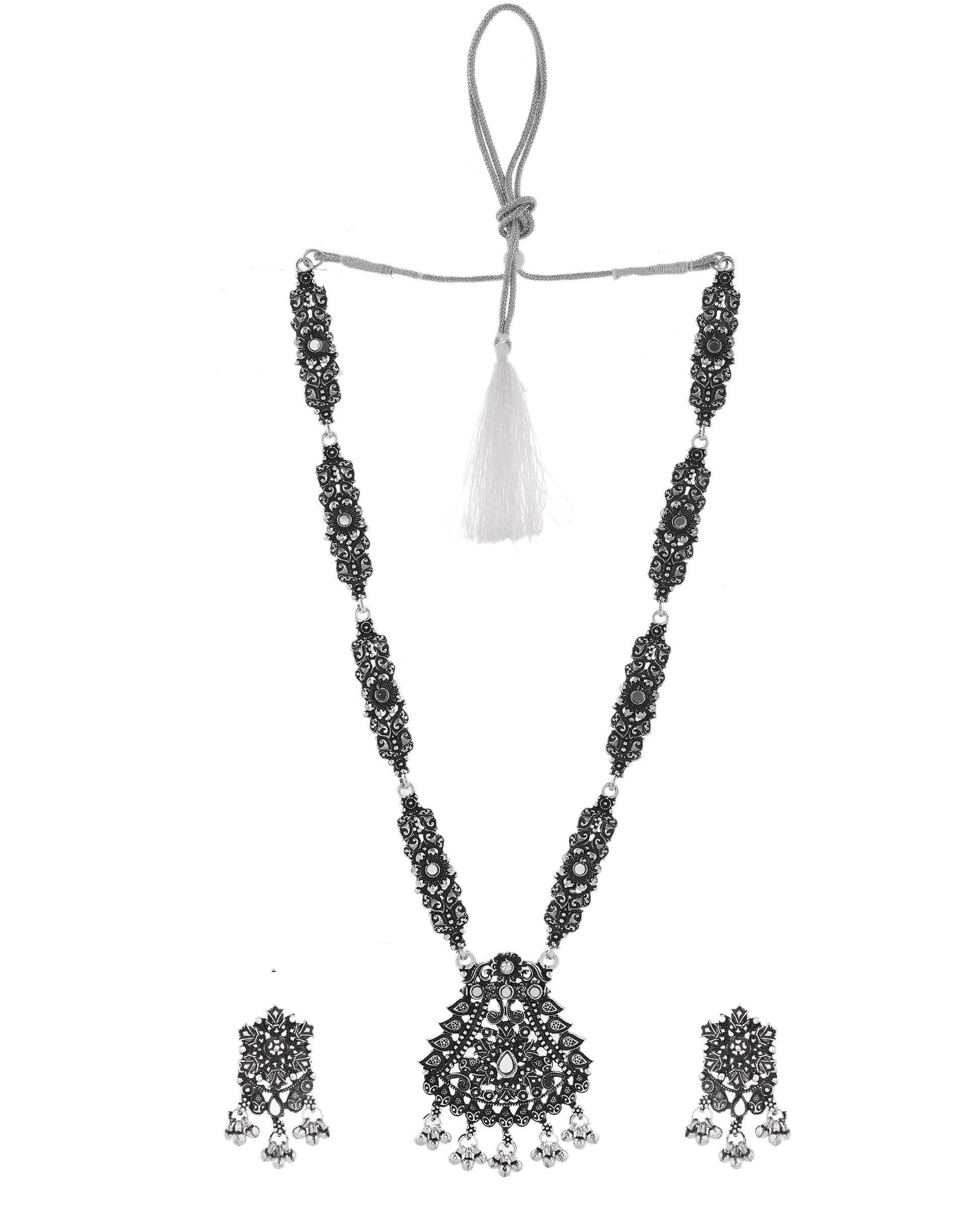VOJ Oxidized Silver-Plated Artificial Stone And Beaded Long Jewellery Set VOJ (Valley Of Jewellery)