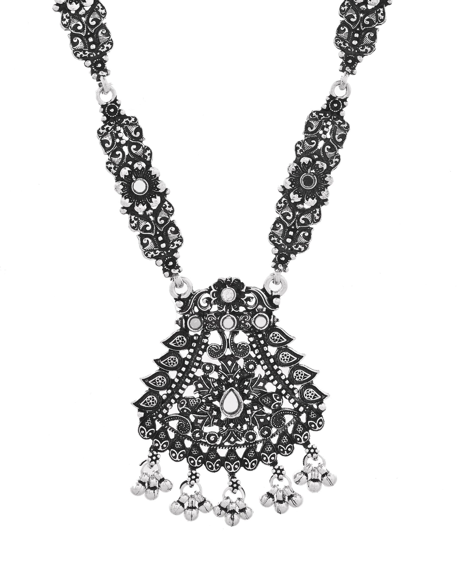 VOJ Oxidized Silver-Plated Artificial Stone And Beaded Long Jewellery Set VOJ (Valley Of Jewellery)