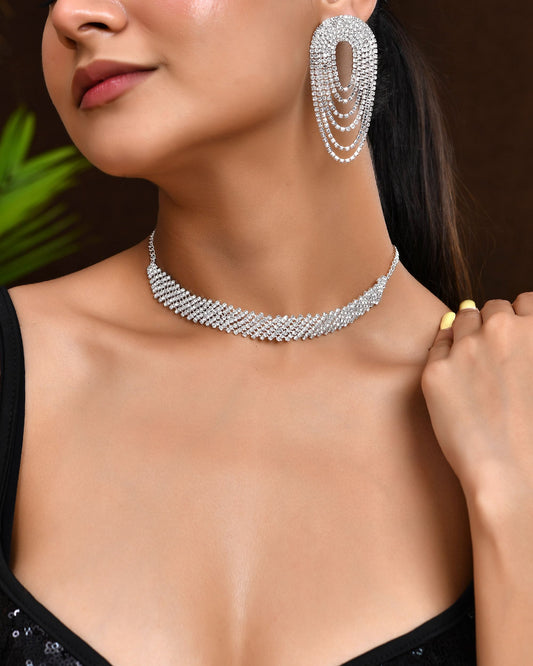 VOJ Silver-Plated Cubic Stone Studded Jewellery Set VOJ (Valley Of Jewellery)