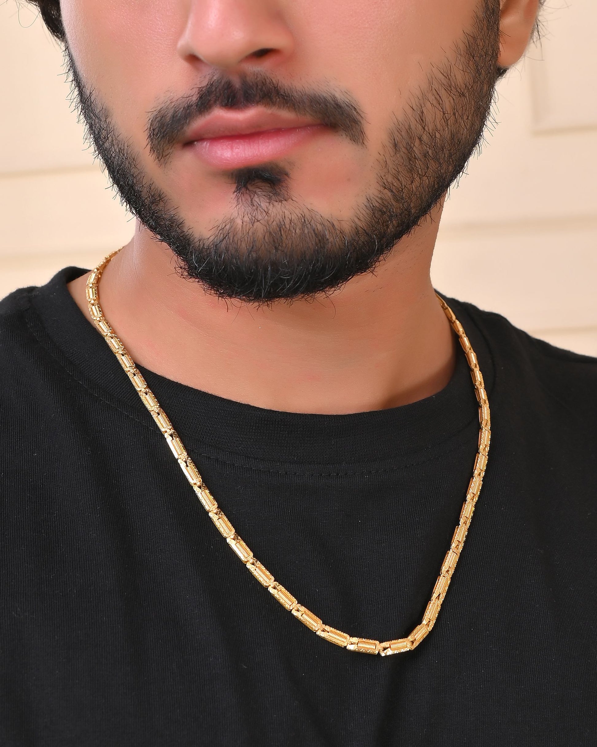 VOJ Men Gold Polished Textured Link Chain 