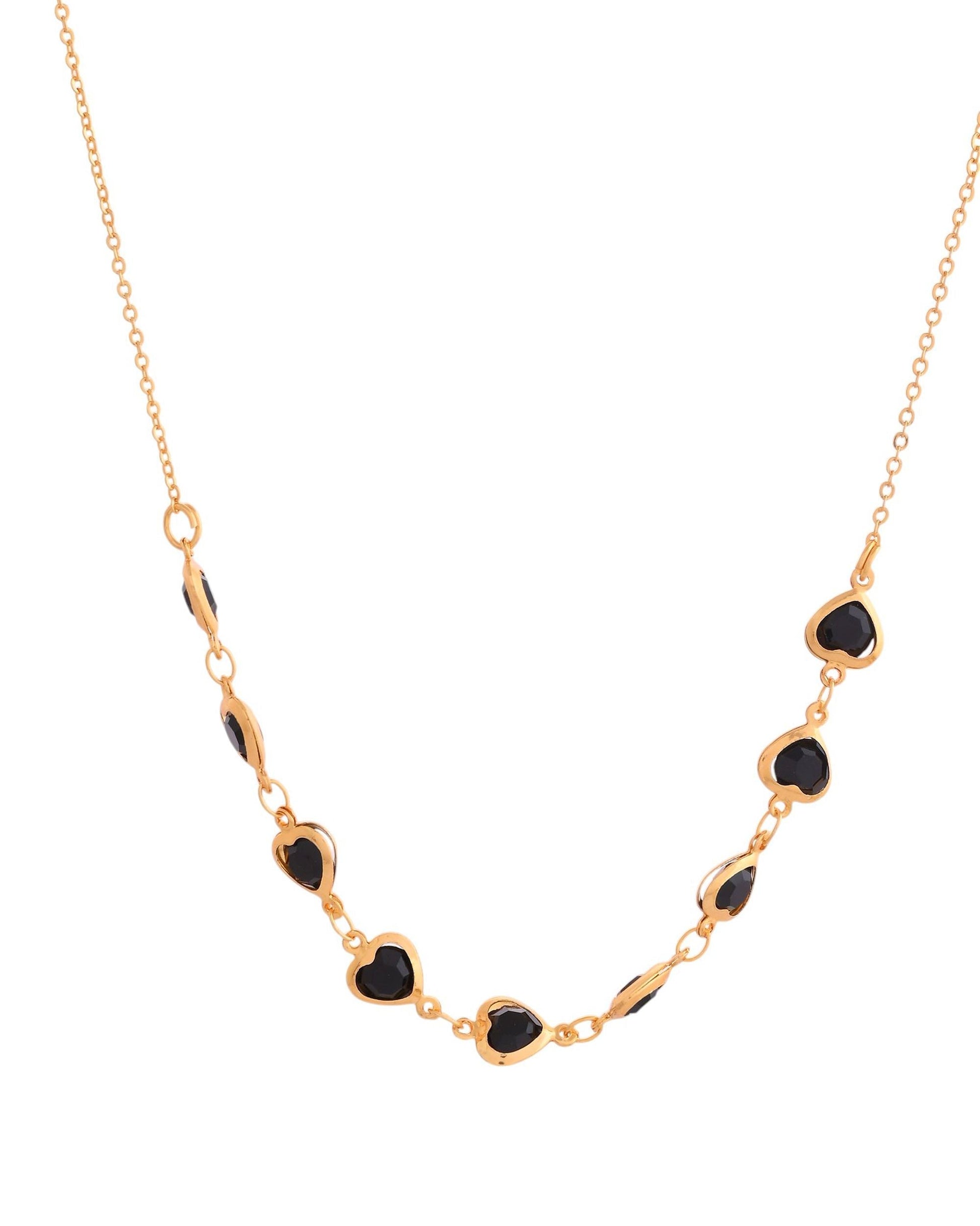VOJ Gold Polished Stainless Steel Black Hear Shaped Stone Chain 