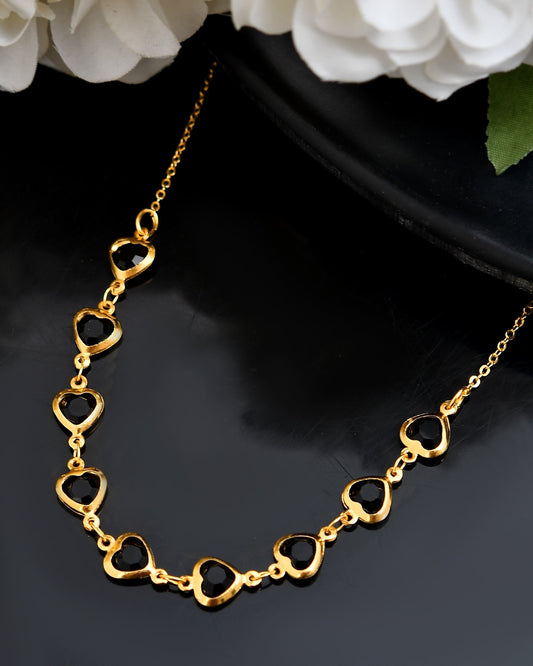 VOJ Gold Polished Stainless Steel Black Hear Shaped Stone Chain 