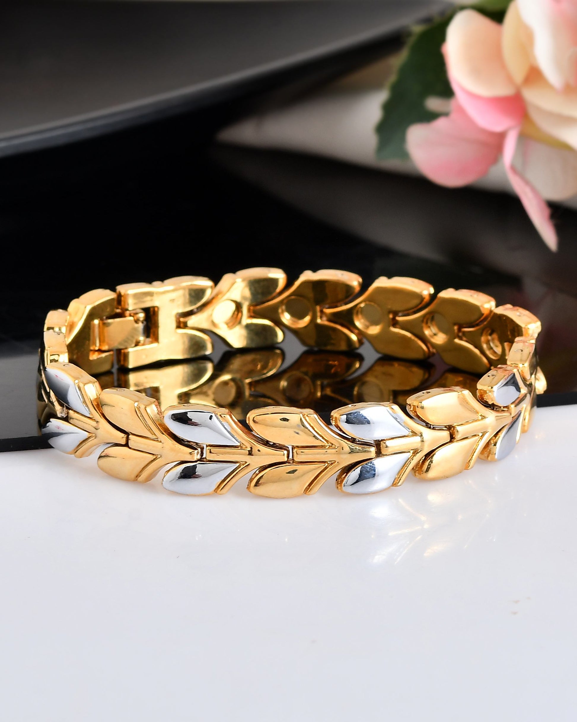 VOJ Gold Toned & Silver-Toned Stainless Steel Magnetic Wheat Chain Bracelet VOJ (Valley Of Jewellery)