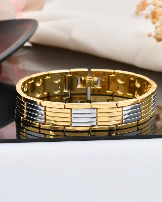 VOJ Men Silver & Gold-Toned Link Bio Energy Bracelet VOJ (Valley Of Jewellery)